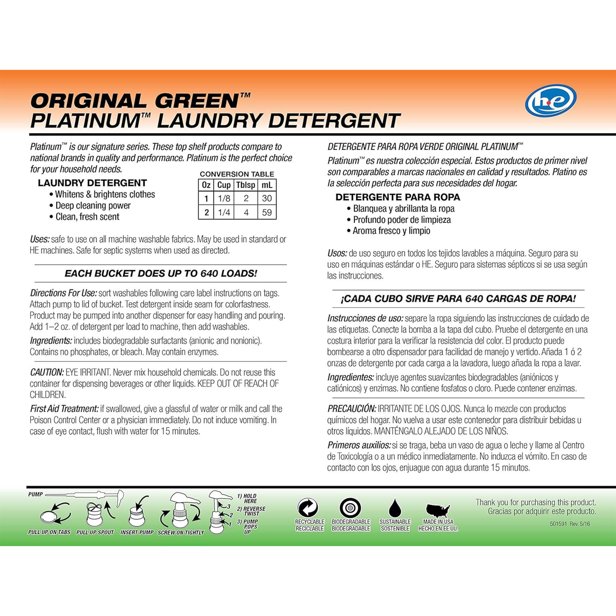 6X Platinum 5 Gallon Laundry Detergent Liquid for All Washing Machines - Easy Dispensing Pump, 640 Loads Capacity, Original Green (2 Pack) - Perfect for Large Families & Commercial Laundry Use