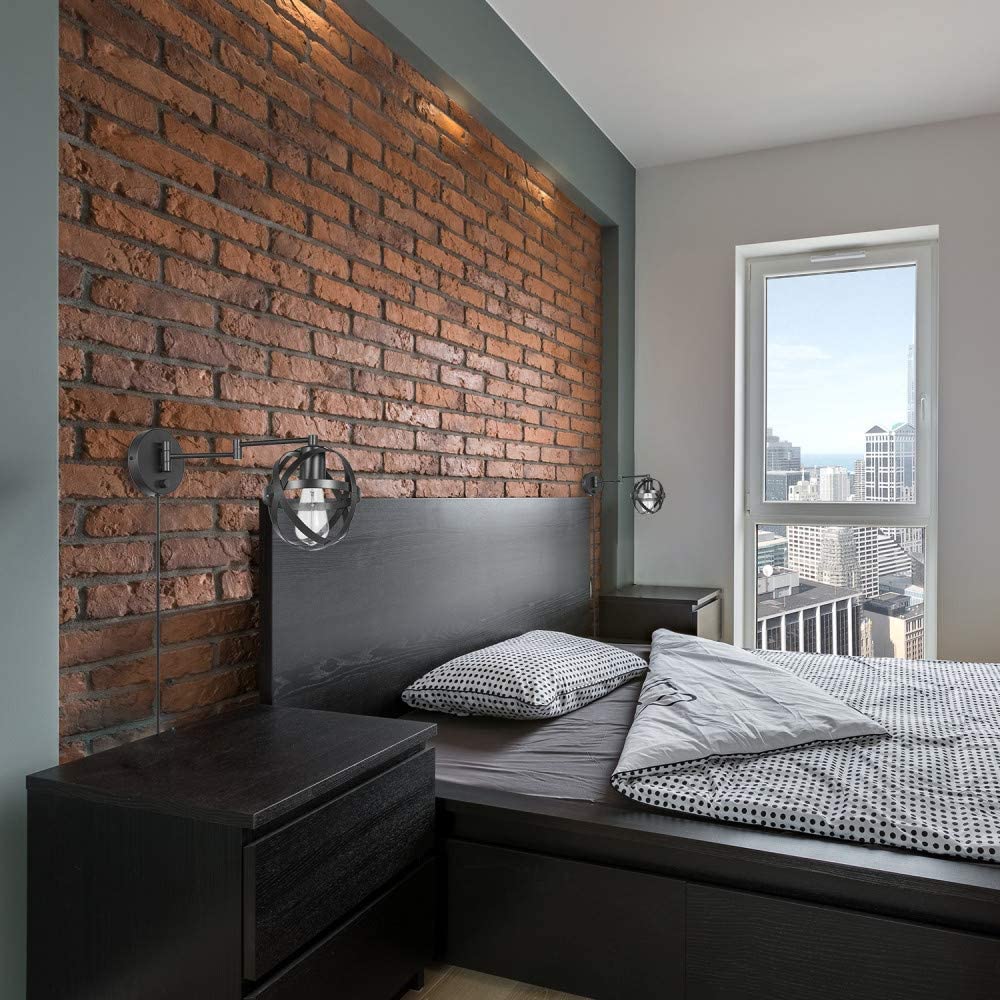 Tatum 1-Light Plug-in or Hardwired Swing Arm Wall Sconce - Dark Bronze Finish with 6ft Black Fabric Cord & Rotary On/Off Switch (Model 51544) - Perfect for Bedroom Reading, Living Room Accent Lighting, and Hallway Illumination