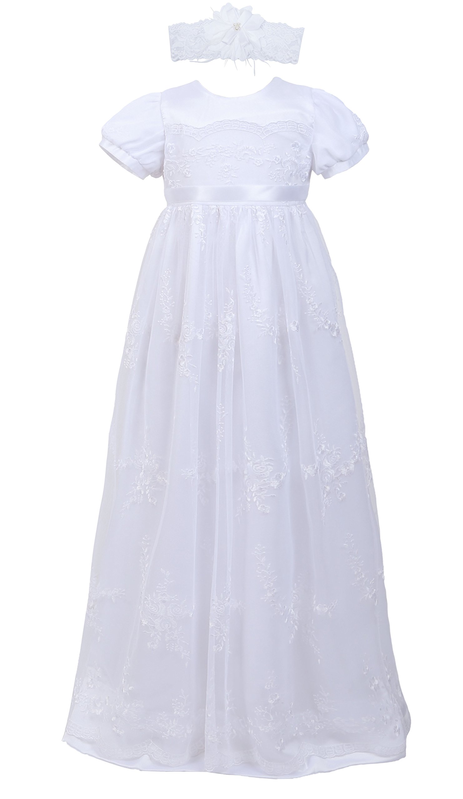NIMBLE Baby Girls Newborn Christening Dress - Embroidered Gown Outfit with Headband 0-15 Months | Perfect for Baptism, First Communion & Special Occasions