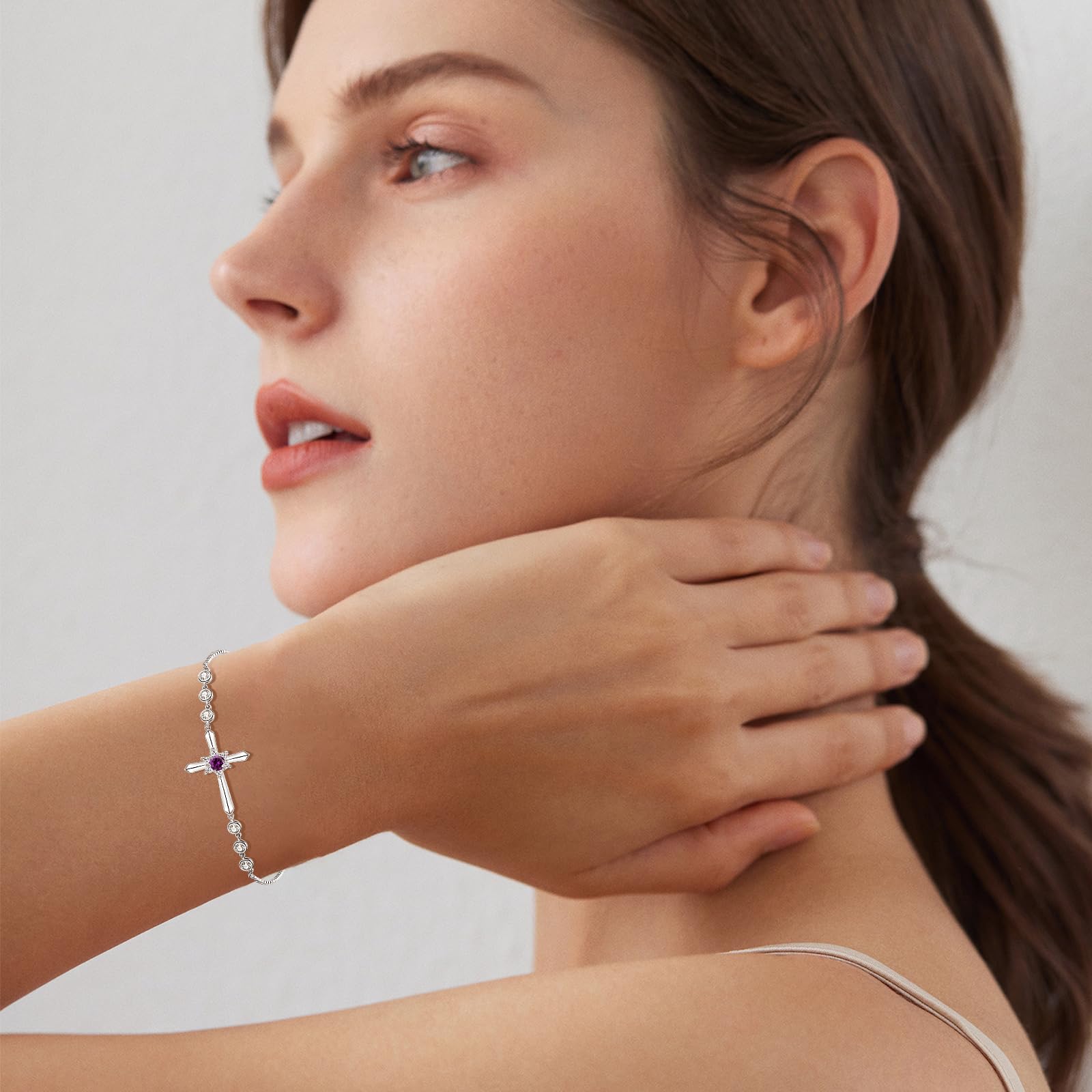 FANCIME 925 Sterling Silver Halo Birthstone Bracelet for Women - Dainty Cross Charm Adjustable Chain Bracelet - Perfect Birthday Gift, Anniversary Present & Everyday Jewelry for Her