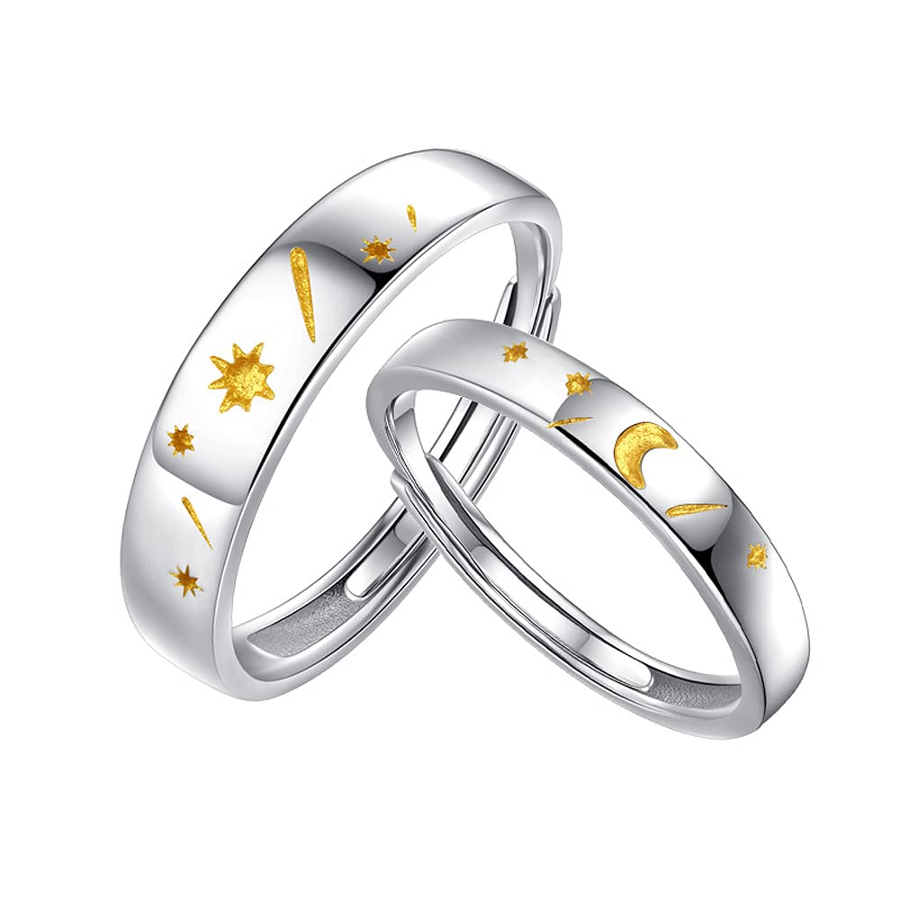 MIKAMO 925 Sterling Silver Star Moon Couple Rings - Adjustable Open Rings for Men & Women - Perfect for Engagement, Wedding, Promise & Anniversary Gifts - Romantic Jewelry for Couples & Special Occasions