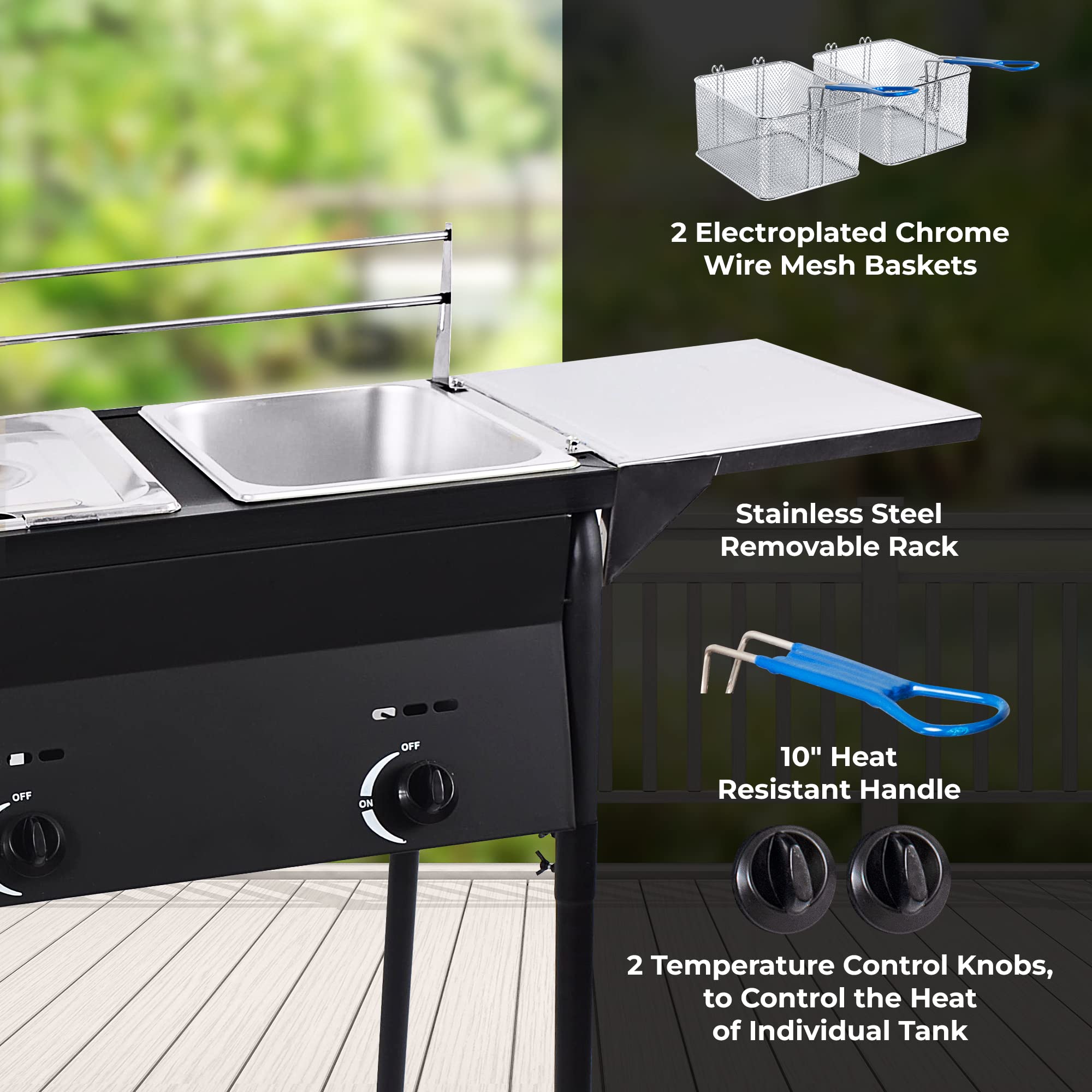 Cast Iron Black Deep Fryer - Dual Tank Outdoor Propane Deep Fryer with 2 Stainless Steel Baskets & Lids - Adjustable Temperature Gas Fryer with Regulating Knobs - Large Oil Capacity for Backyard BBQ, Tailgating & Outdoor Cooking
