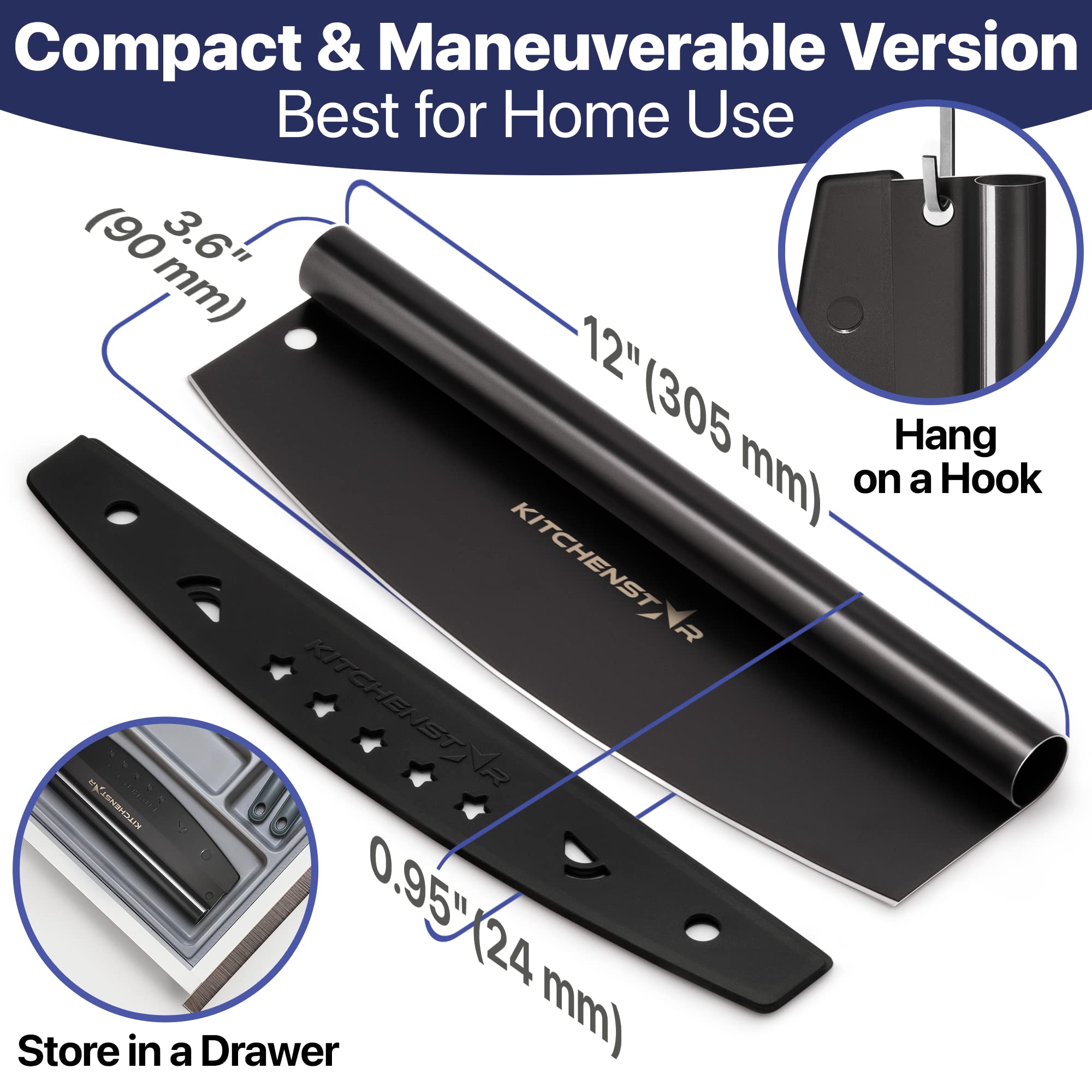 KitchenStar 12-Inch Stainless Steel Pizza Cutter Rocker - Sharp Black Non-Stick Pizza Slicer Knife with Blade Cover - Professional Pizza Making Tools & Oven Accessories - Dishwasher Safe - Perfect for Home Kitchens, Pizzerias, and Party Food Prep