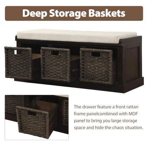 Rustic Storage Bench with 3 Basket Drawers - Entryway Shoe Bench with Cushioned Seat for Hallway, Living Room (Espresso) - Perfect for Organizing Shoes, Blankets & Entryway Decor