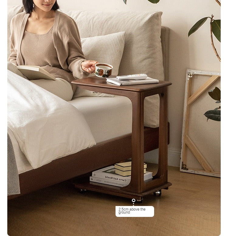 Premium Black Walnut Solid Wood Mobile Side Table - Rolling End Table with Wheels for Living Room, Bedroom, or Office - Natural Wood Nightstand with Storage Shelf