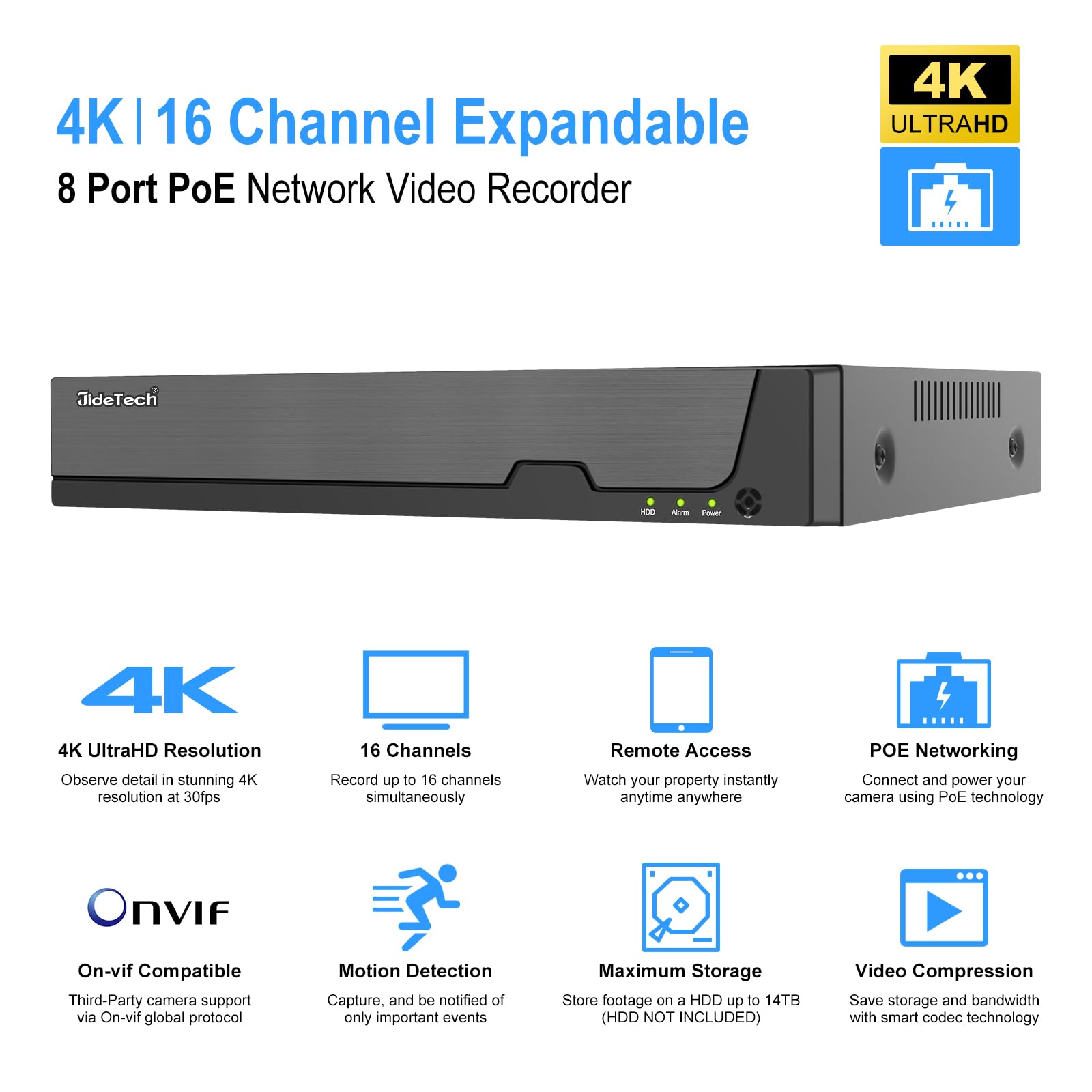JideTech 8 Channel 4K PoE NVR Security System - 8 Port 16CH Expandable Network Video Recorder with 14TB HDD Support | Compatible with 4K/2K/12MP/8MP/5MP/1080P IP Cameras | 24/7 Recording & Remote Access | Ideal for Home, Office & Business Surveillance