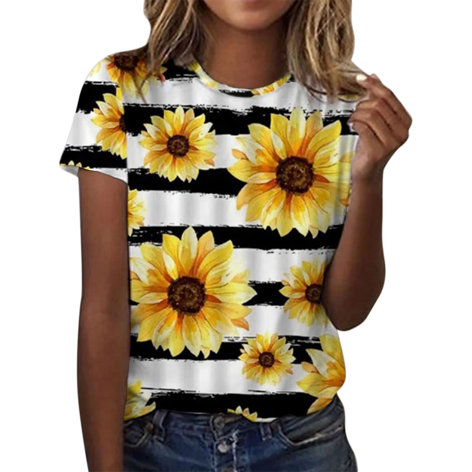 Women's Floral Printed Short Sleeve Crew Neck T-Shirt - Summer Casual Top - Comfortable Spandex Blend - Perfect for Beach Outings, Weekend Wear & Vacation Style