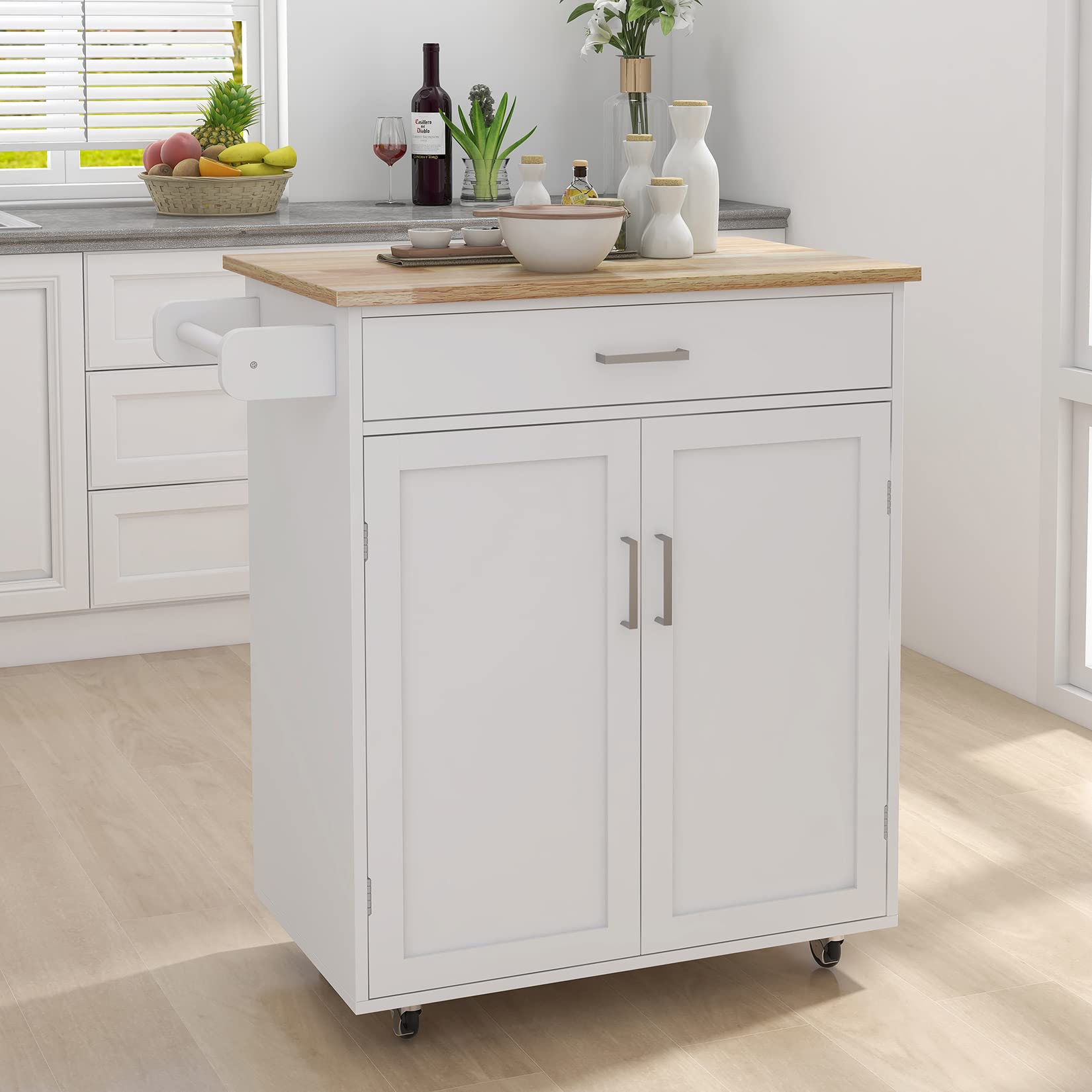 Rolling Kitchen Cart with Towel Rack - Mobile Serving Cart with Rubber Wood Countertop, Storage Cabinet & Adjustable Shelves - Perfect for Dining Room, Small Kitchen & Party Serving