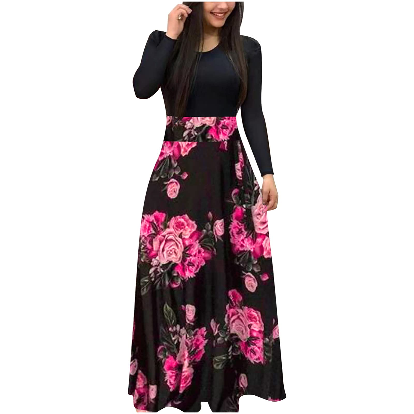 Women's Plus Size Floral Maxi Dress with Turtleneck & Long Sleeves - Empire Waist Tie Design for Casual Wear, Beach Vacation & Date Night Outfits