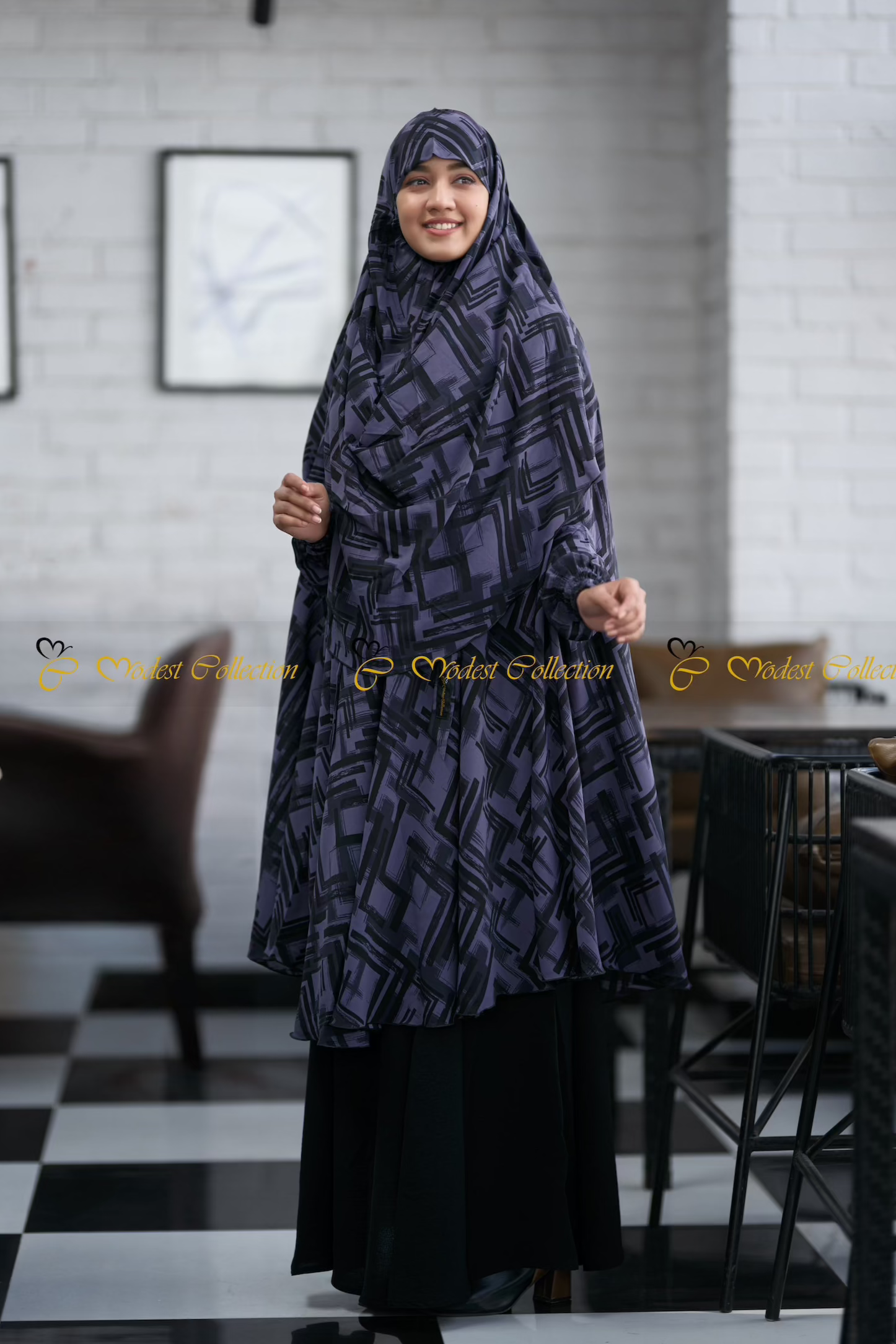 Elegant Purple and Gray Georgette Khimar with Pockets - Modest Muslim Prayer Dress for Women - Perfect for Daily Wear, Prayer, and Special Occasions