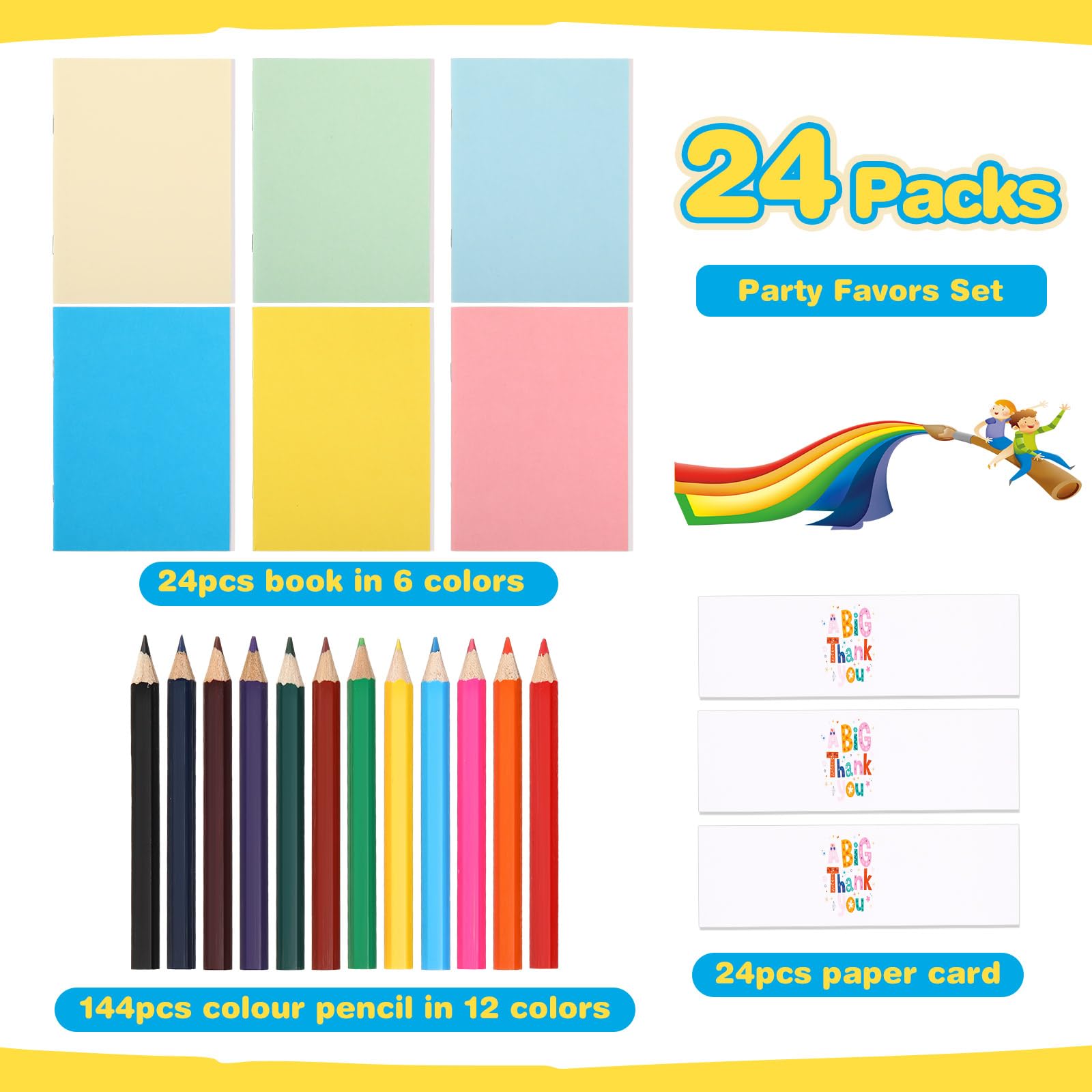 24 Pack Bulk Colored Pencils Set for Kids - 144 Pcs Art Supplies with Mini Notebooks & Thank You Cards - Perfect for Birthday Party Favors, Classroom Rewards & Creative DIY Projects