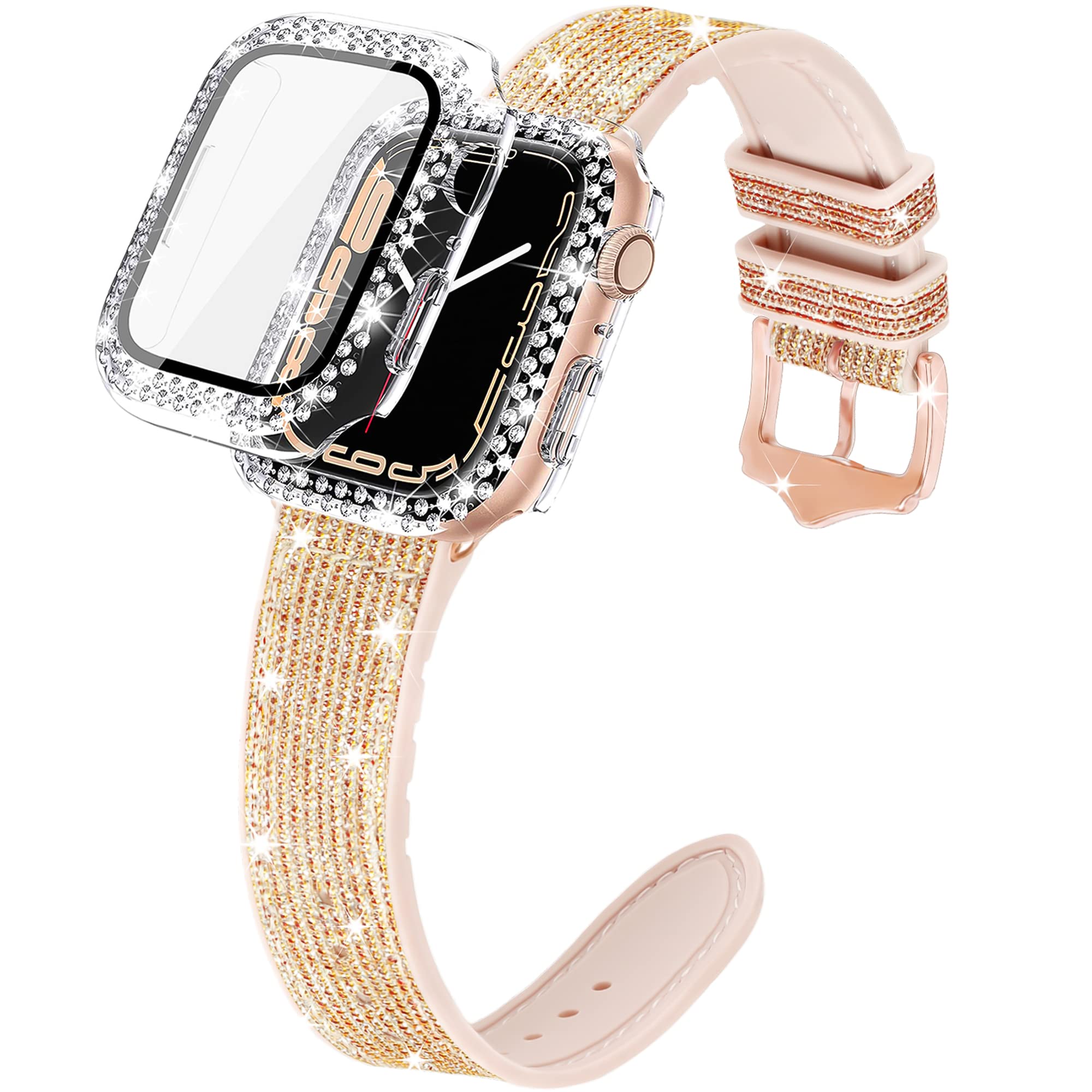 Sparkle Silicone Apple Watch Band 40mm 44mm 41mm 45mm Compatible with iWatch Series 9/8/7/6/SE/5/4 - Shiny Glitter Leather Bracelet for Women | Elegant, Sporty & Comfortable | Perfect for Workouts, Office Wear & Everyday Fashion