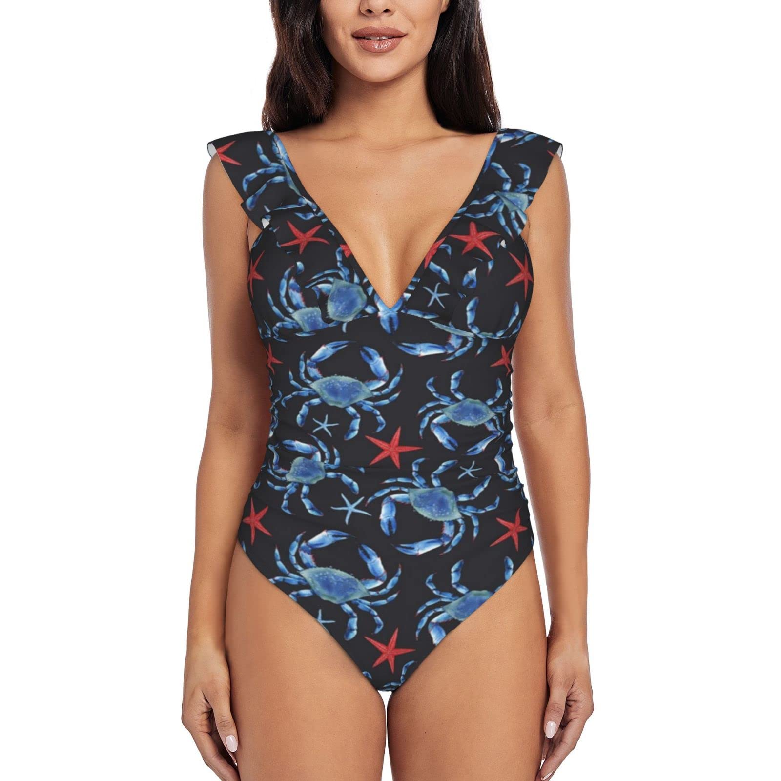 Women's One Piece Swimsuit - Blue Crab Starfish Print for Beach & Pool