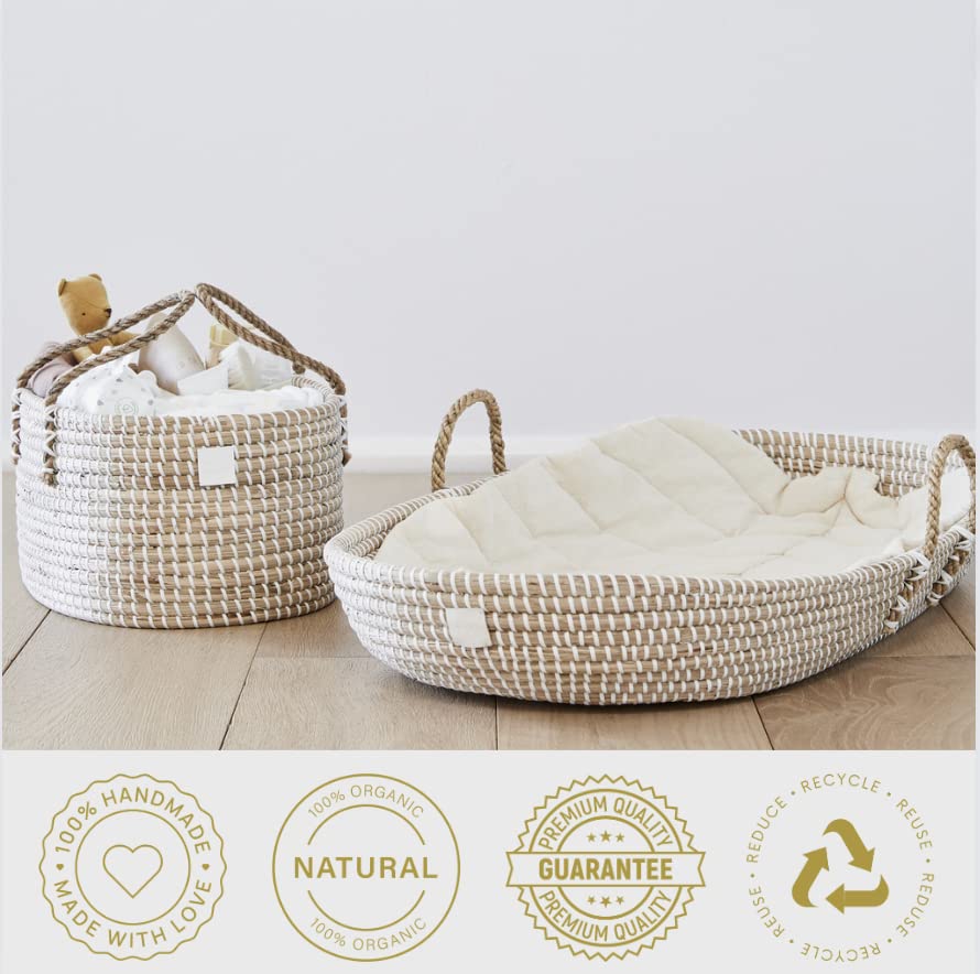 Premium Organic Baby Nursery Bundle - Handmade Matching Baby Changing Basket & Diaper Caddy Organizer Set for Newborn Essentials | Perfect for Baby Showers, Nursery Decor & Diaper Storage Organization
