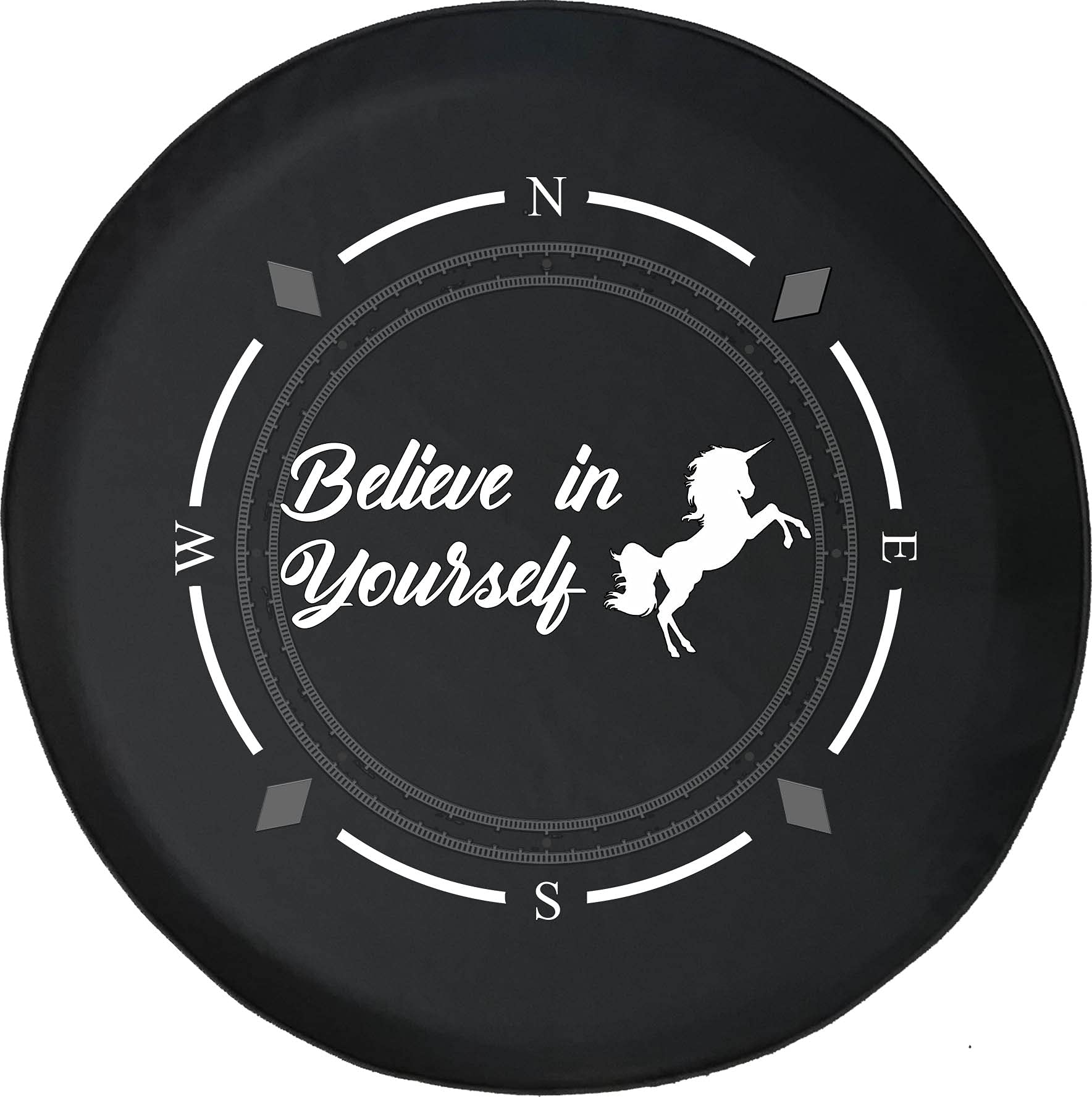 American Unlimited Spare Tire Cover with Compass Design - 'Believe in Yourself' Unicorn Print Wheel Cover for SUV, Trailer, RV Accessories - Fits Most Vehicles - Perfect for Road Trips & Outdoor Adventures