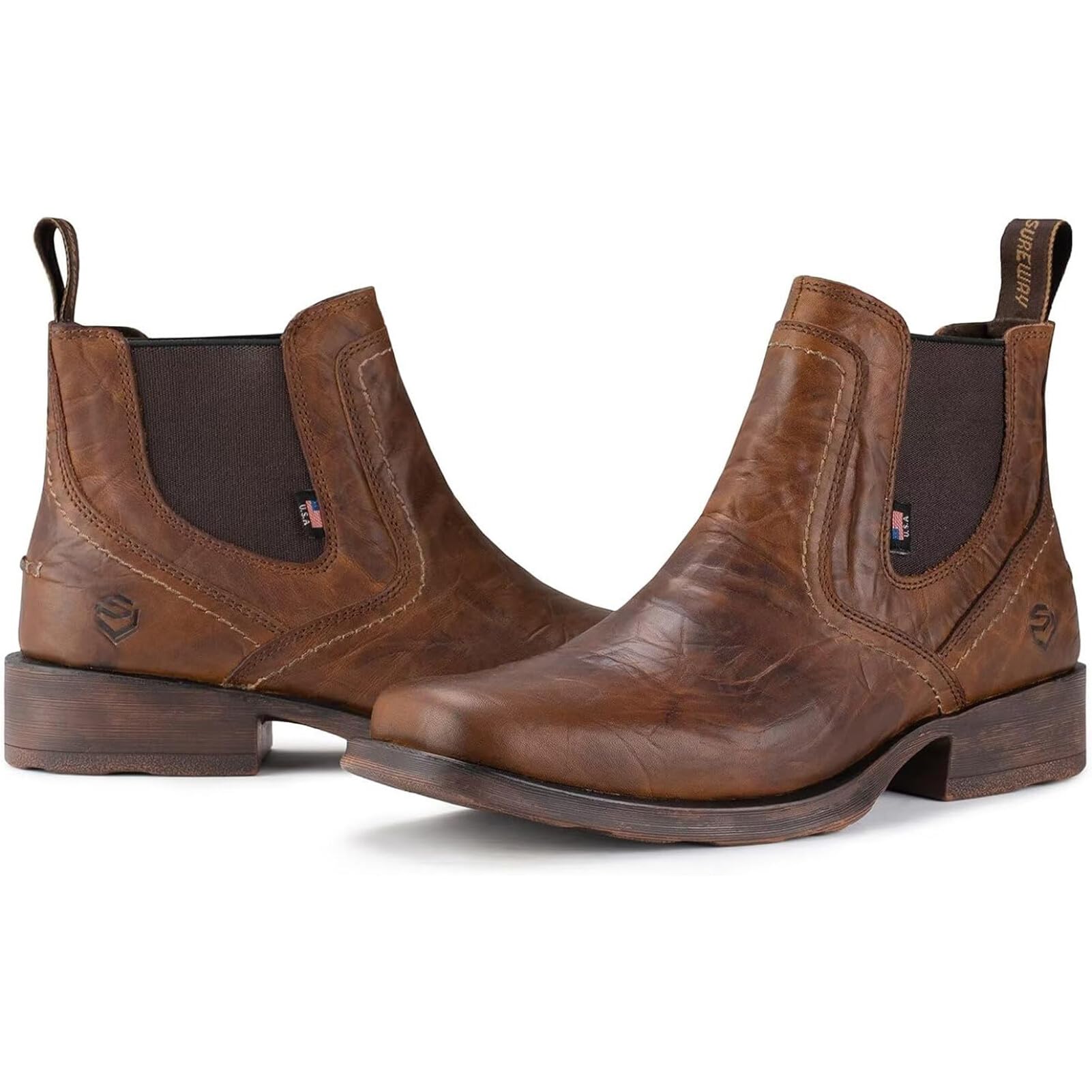SUREWAY Men's Western Chelsea Cowboy Boots - Square Toe All-Weather Slip-On Work & Dress Boots | Comfortable & Durable Leather Shoes for Casual & Formal Wear | Perfect for Rodeo, Ranch Work & Night Out