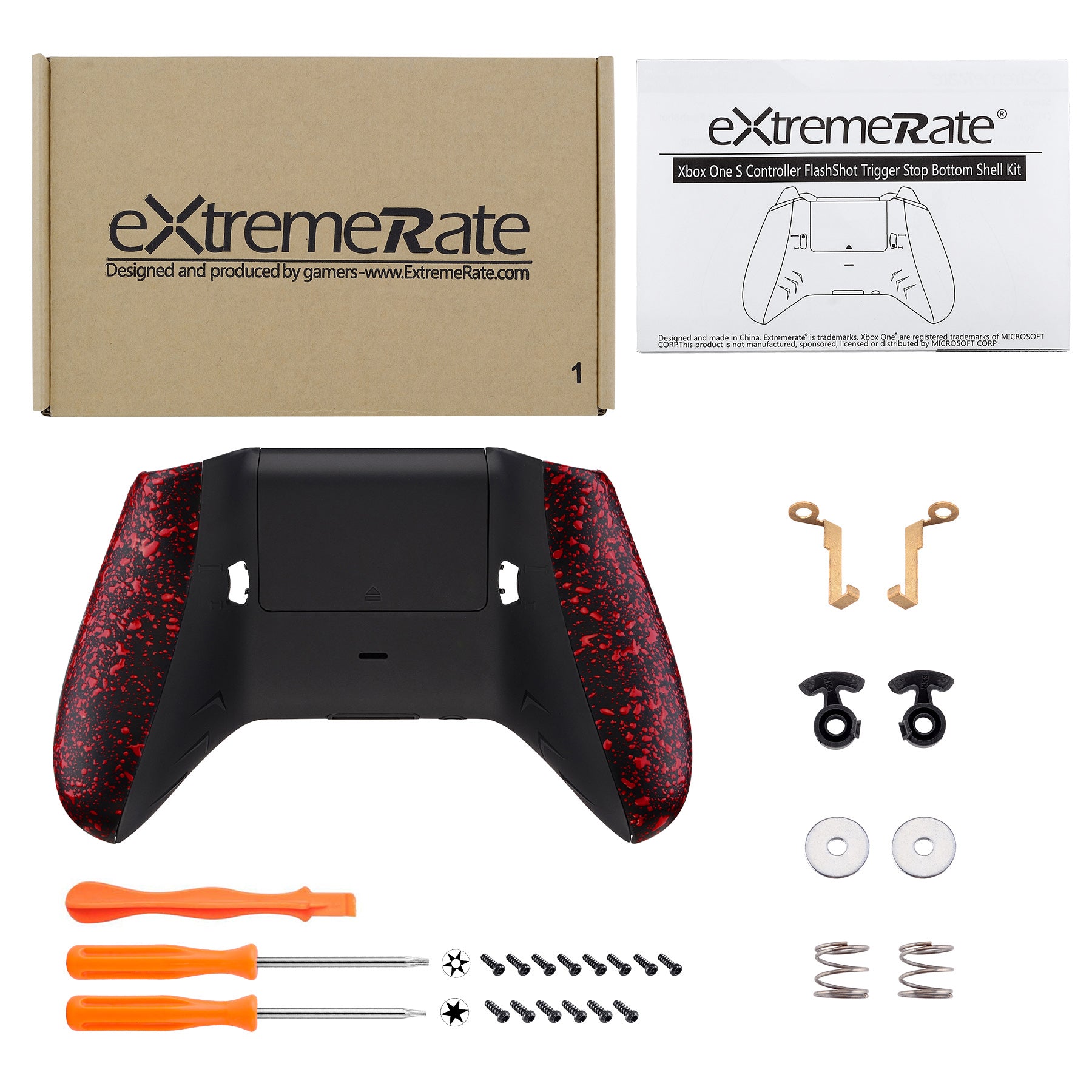eXtremeRate Textured Red FlashShot Trigger Stop Bottom Shell Kit for Xbox One S & X Controller - Redesigned Back Shell, Handle Grips & Dual Trigger Locks (Model 1708 X1GZ005) | Enhanced Gaming Performance for FPS & Competitive Play
