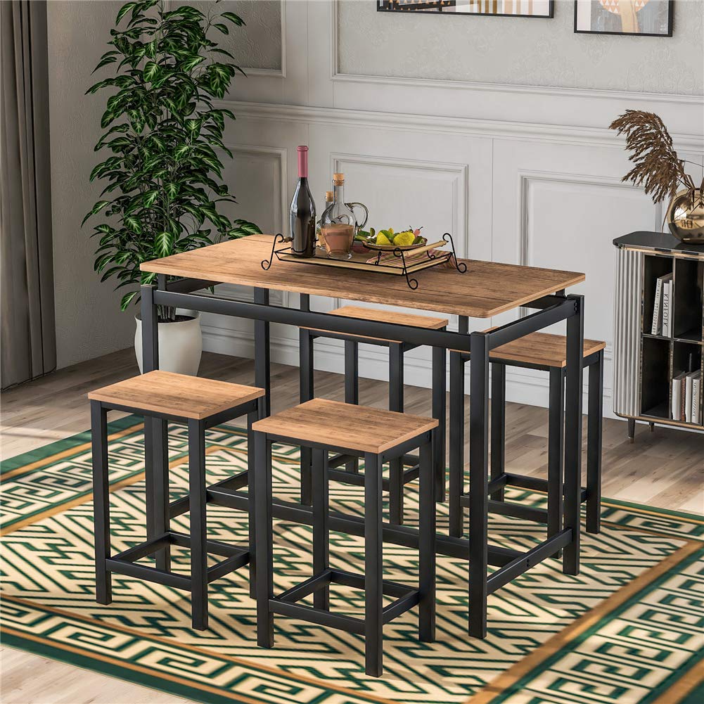 5 Piece Industrial Modern Kitchen Counter Height Table Set with Wood Desktop & Metal Frame, Brown - Perfect for Small Dining Rooms, Breakfast Nooks, and Compact Spaces
