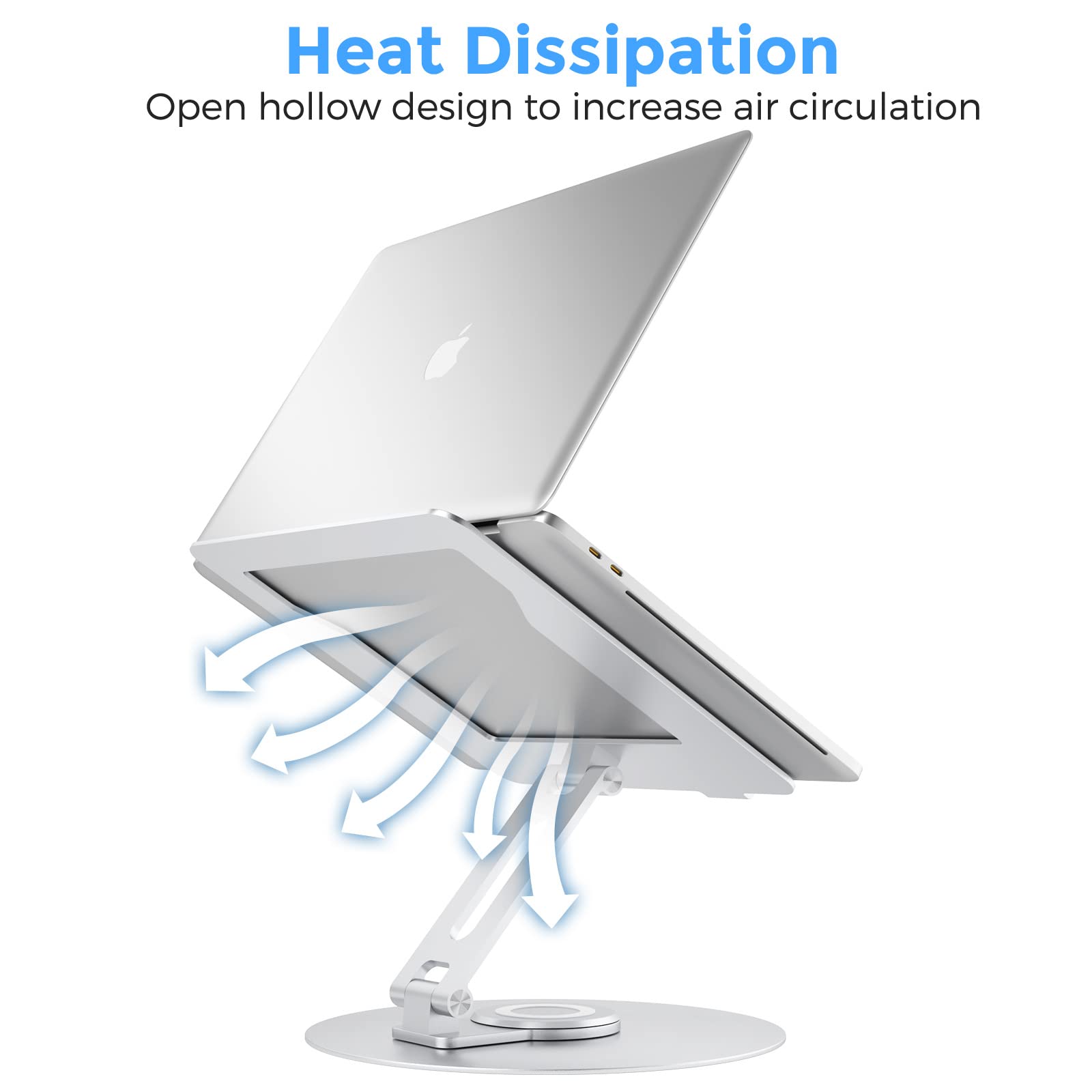 Swivel Laptop Stand for Desk - Adjustable Height Aluminum Computer Stand with 360° Rotating Base, Foldable Ergonomic Riser, Portable Laptop Holder for MacBook & All 10-17'' Laptops, Chrome - Perfect for Home Office, Gaming & Workstations