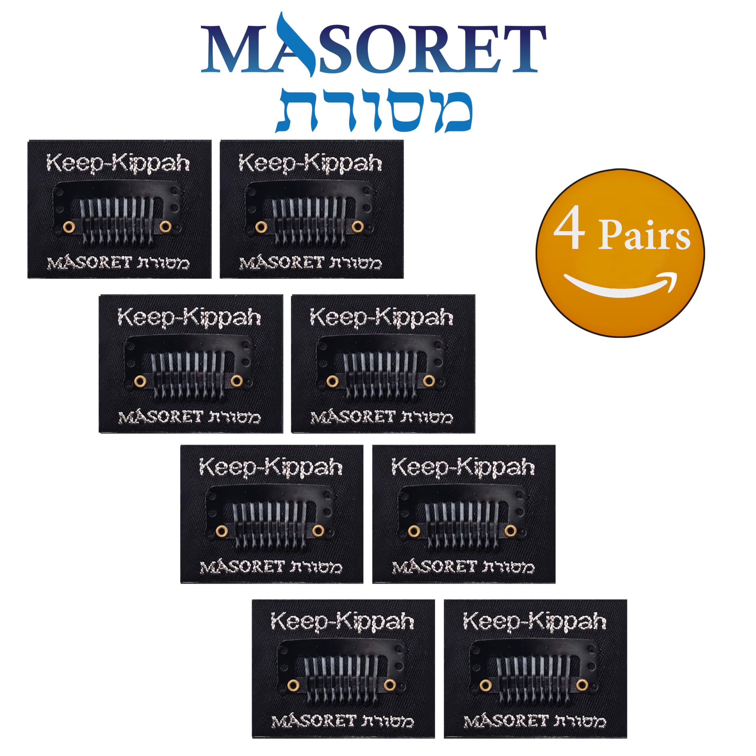 Original Masoret Keep-Kippah Hair Clip Set - 4 Pairs Durable Metal Kippah Clips with Matching Comb for Jewish Kippot, Kipa, Yamaka, Yarmulke - Secure Hat Accessories for Synagogue, Weddings & Daily Wear