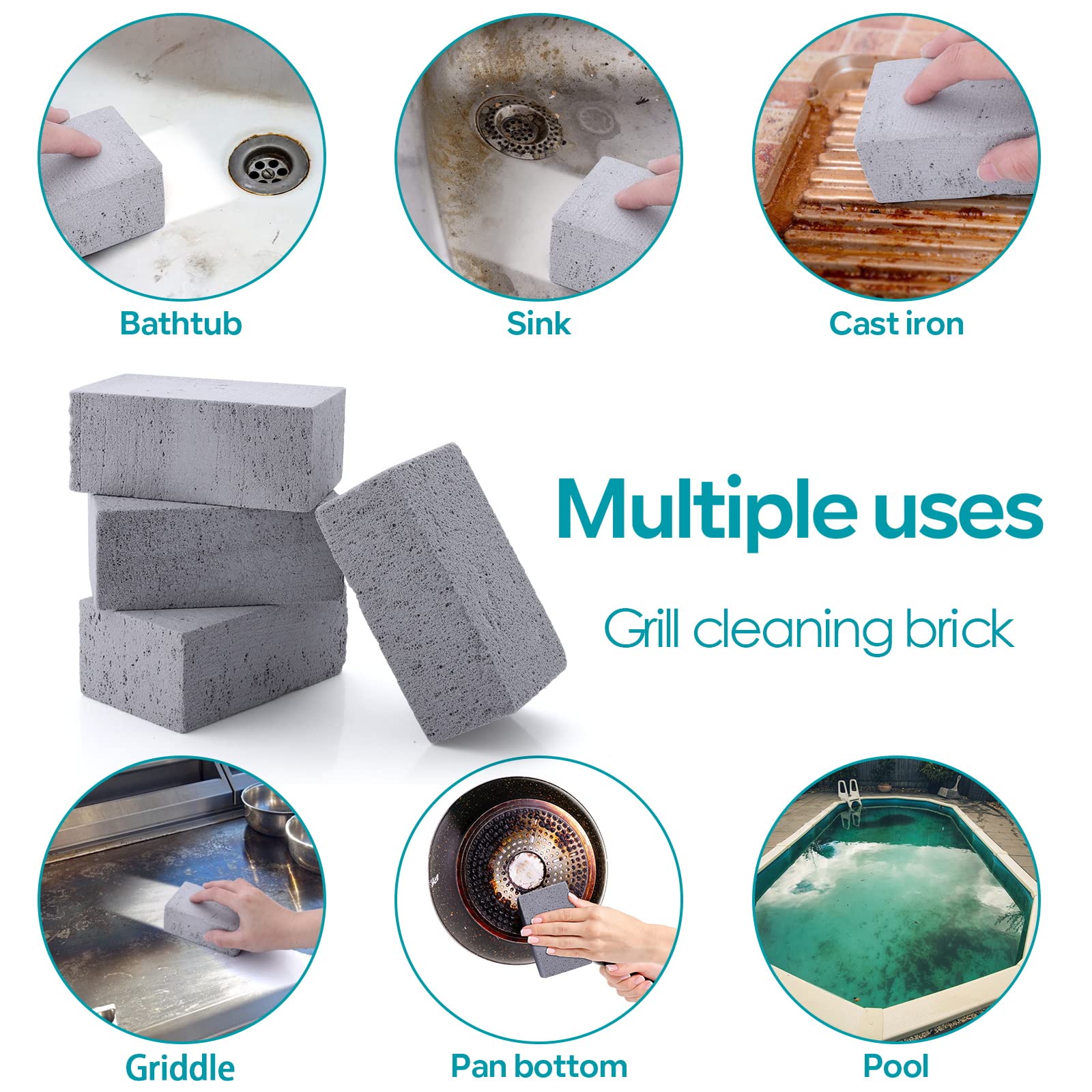 HaSteeL Grill Cleaning Brick Kit of 4 - Commercial Grade Pumice Stone for Removing Stains on Griddles, Flat Tops, Racks & Cast Iron - Reusable Grill Block Cleaner for BBQ, Sink & Kitchen Use