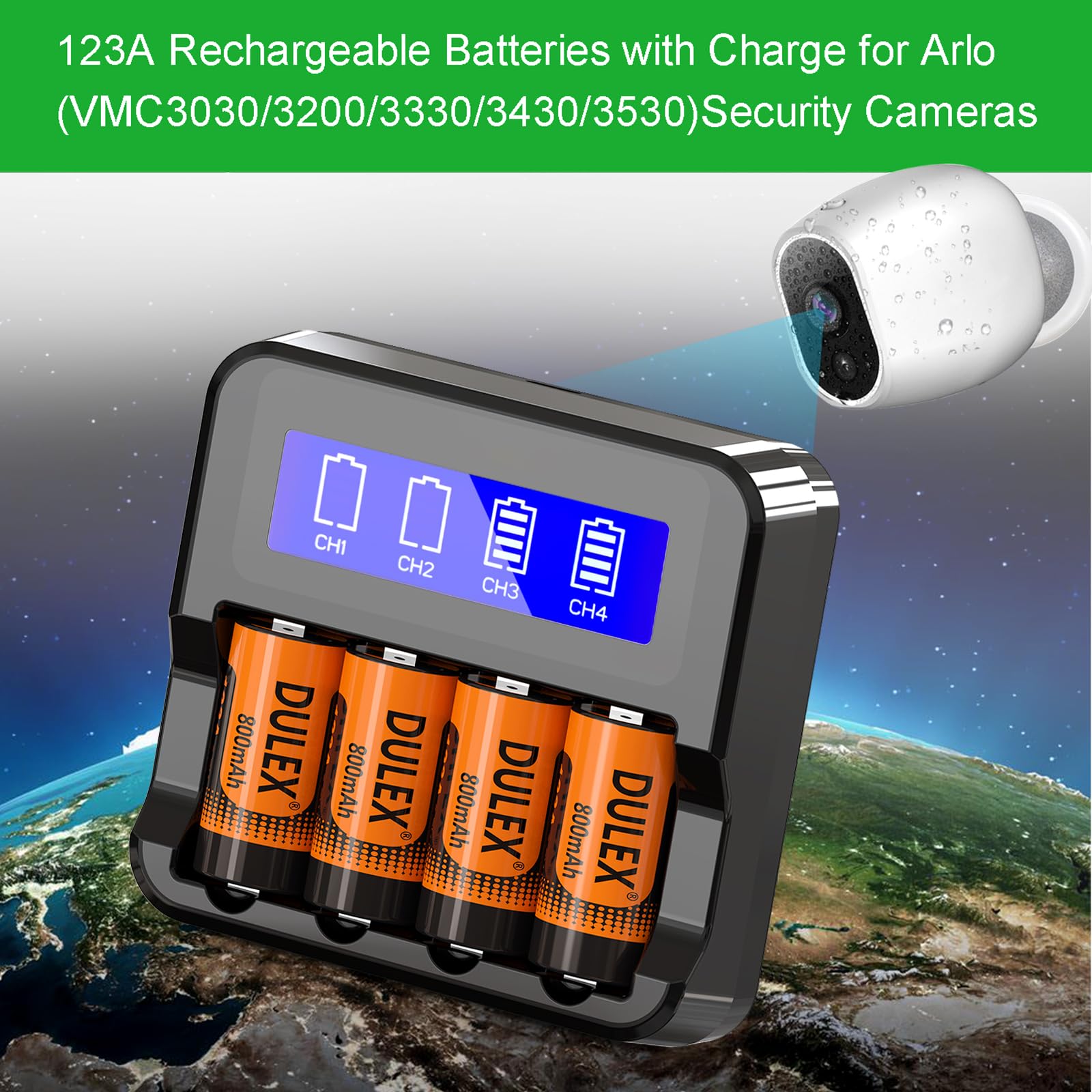 DULEX 4-Pack 3.7V 800mAh Rechargeable CR123A Lithium Batteries - Compatible with Arlo VMS3130 VMC3030 3200 3330 3430 3530 Security Cameras - Replacement Batteries for Alarm Systems, Flashlights & Home Security Devices - Long Lasting Power for Wireless Cameras & Emergency Lighting