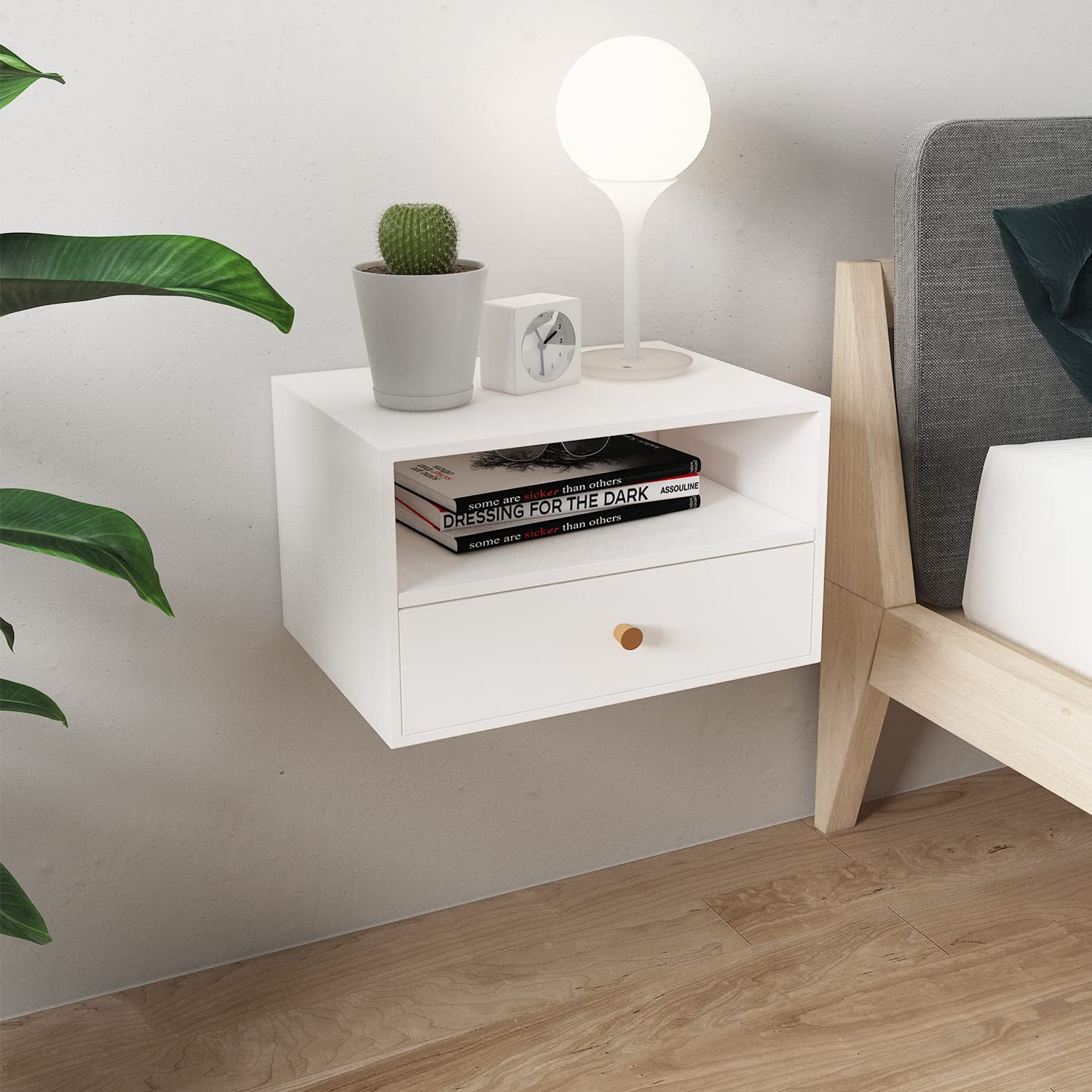 Modern Floating Nightstand with Drawer - White Wall Mounted Shelf for Bedroom & Living Room - Space Saving Storage Solution for Small Spaces