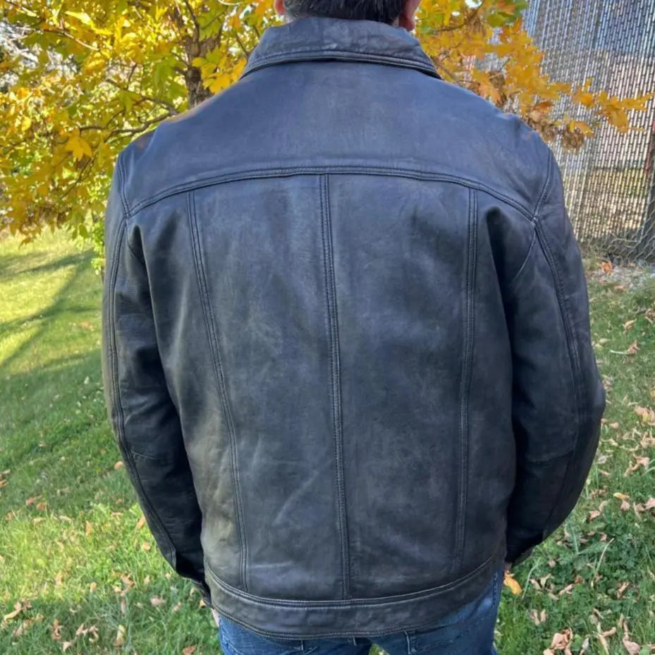 Vintage Style Distressed Denim Lamb Leather Jacket for Men & Women - Perfect for Casual Outfits, Biker Looks & Night Out