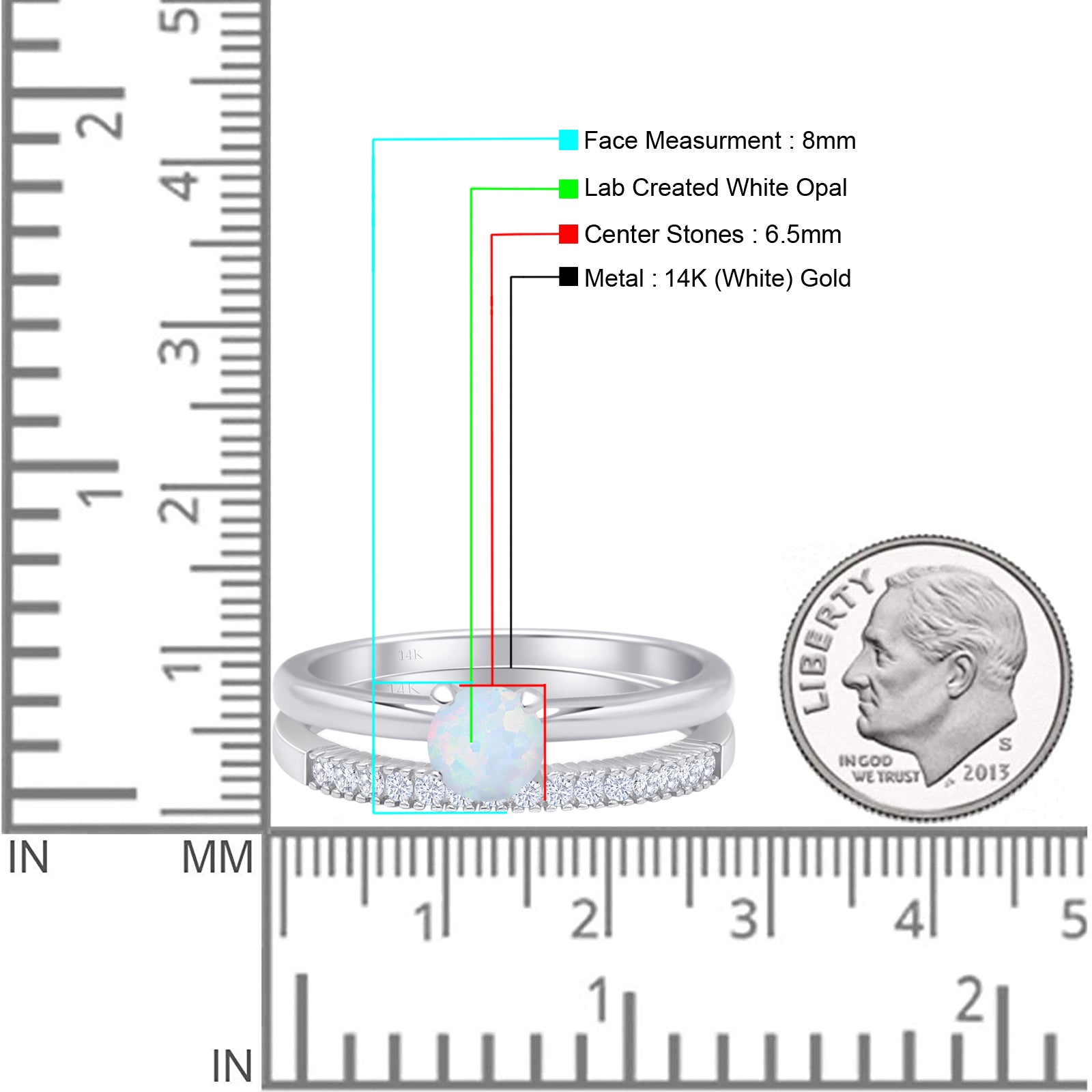 14K White Gold Round Solitaire & Half Eternity Band Bridal Ring Set with Lab-Created White Opal - Perfect for Engagement, Wedding, Anniversary & Special Occasions