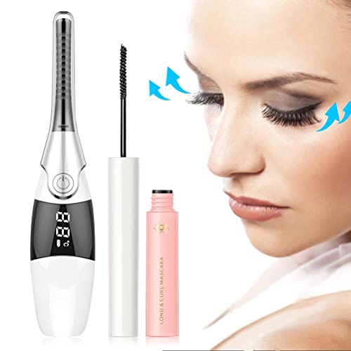 USB Rechargeable Heated Eyelash Curler with 4 Temperature Settings - Free Mascara Included - Long Lasting & Clip Type Lash Curler for Women - Perfect for Natural Curling, Travel & Daily Makeup Routine - Great Gift for Her