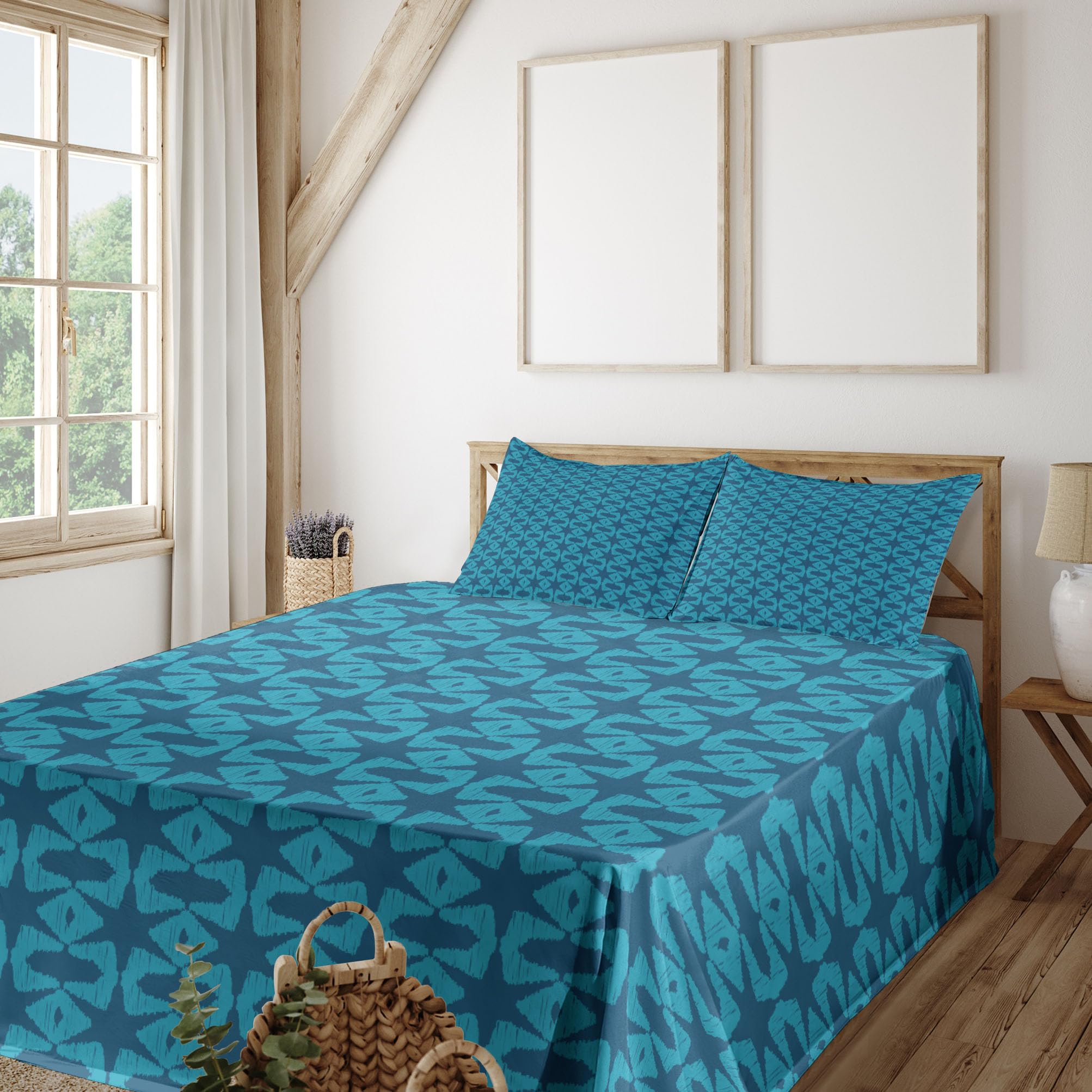 Ambesonne Abstract Mosaic Geometric King Sheet Set - 4 Piece Bedding with Fitted Sheet, Flat Sheet & Pillowcases - Dark Turquoise Sea Blue Monochrome Design | Modern Home Decor for Master Bedroom, Guest Room & Vacation Rentals