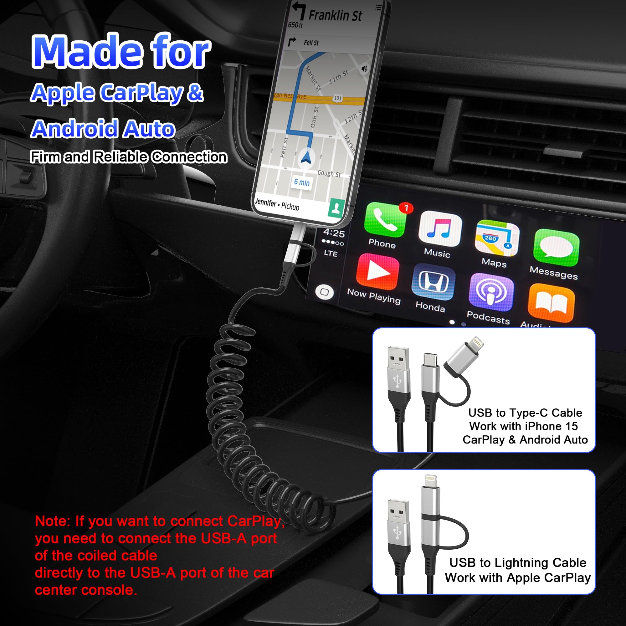 2-in-1 USB to USB-C & Lightning Coiled Cable - MFi Certified Fast Charging & Data Sync (3A) for iPhone 15/14/13/12 & Android - CarPlay & Android Auto Compatible - Perfect for Car Charging & Home/Office Use - Silver