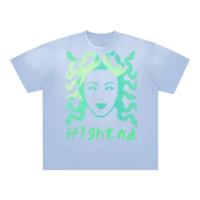 Premium Vintage Washed Medusa Graphic T-Shirt - Frayed & Aged Gradient (Blue Gray, Blue, Purple) | 250 GSM Heavy Cotton | Streetwear, Casual Wear, Festival Outfit