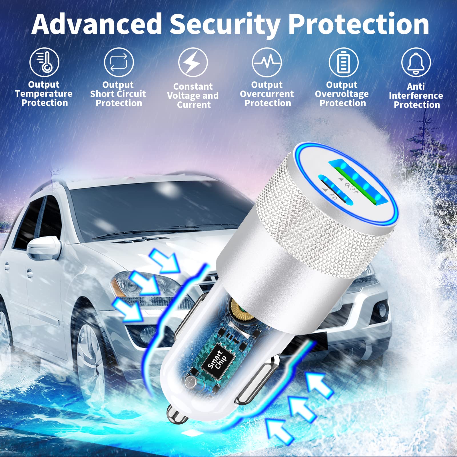 Braveridge 48W Dual USB-C PD/QC3.0 Fast Car Charger with 2 Pack Lightning Cables - MFi Certified for iPhone 14/13/12/11 Pro/XS/XR/SE & iPad - Perfect for Road Trips & Daily Commuting