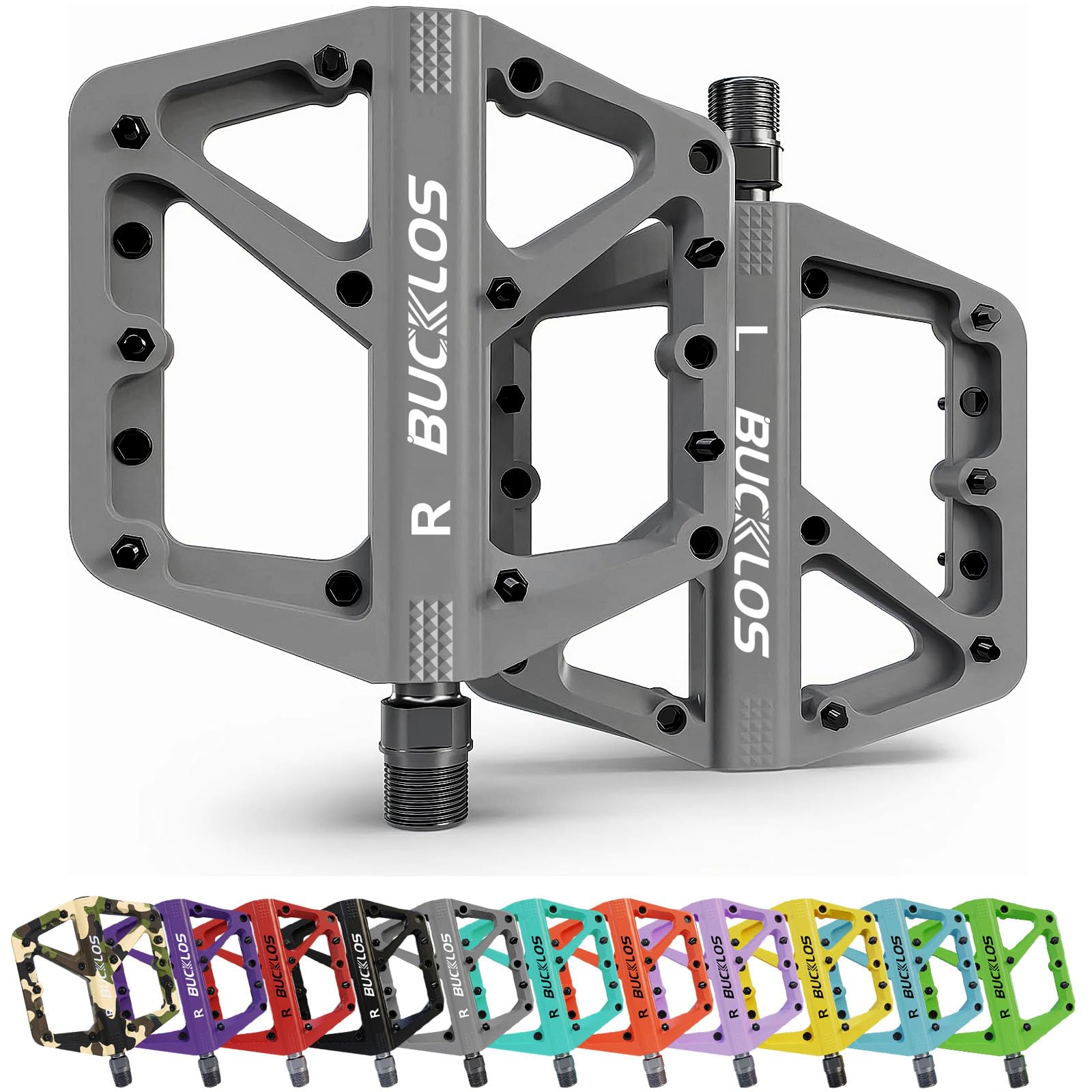 BUCKLOS MTB Pedals - Non-Slip Large Platform Mountain Bike Pedals for Adults, 9/16