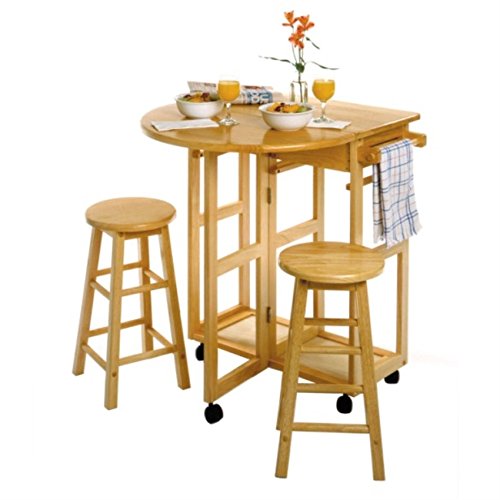 Expandable Drop Leaf Space Saving Dining Table Set - 3-Piece Mobile Kitchen Table with Storage Stool, Natural Wood Finish for Small Spaces (29.72