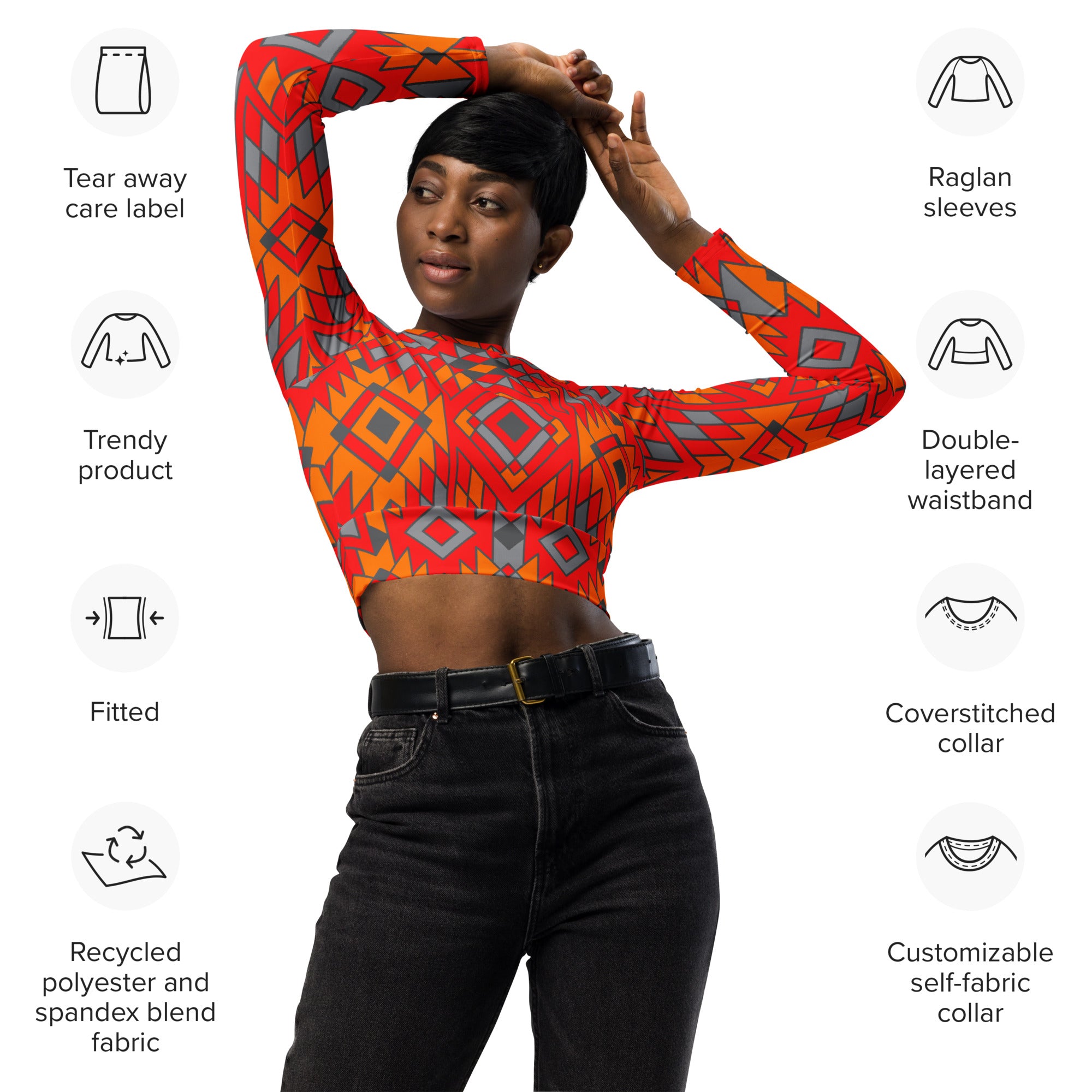 Eco-Friendly Southwestern Print Long Sleeve Crop Top | Sustainable Recycled Fabric | Perfect for Music Festivals & Boho Fashion