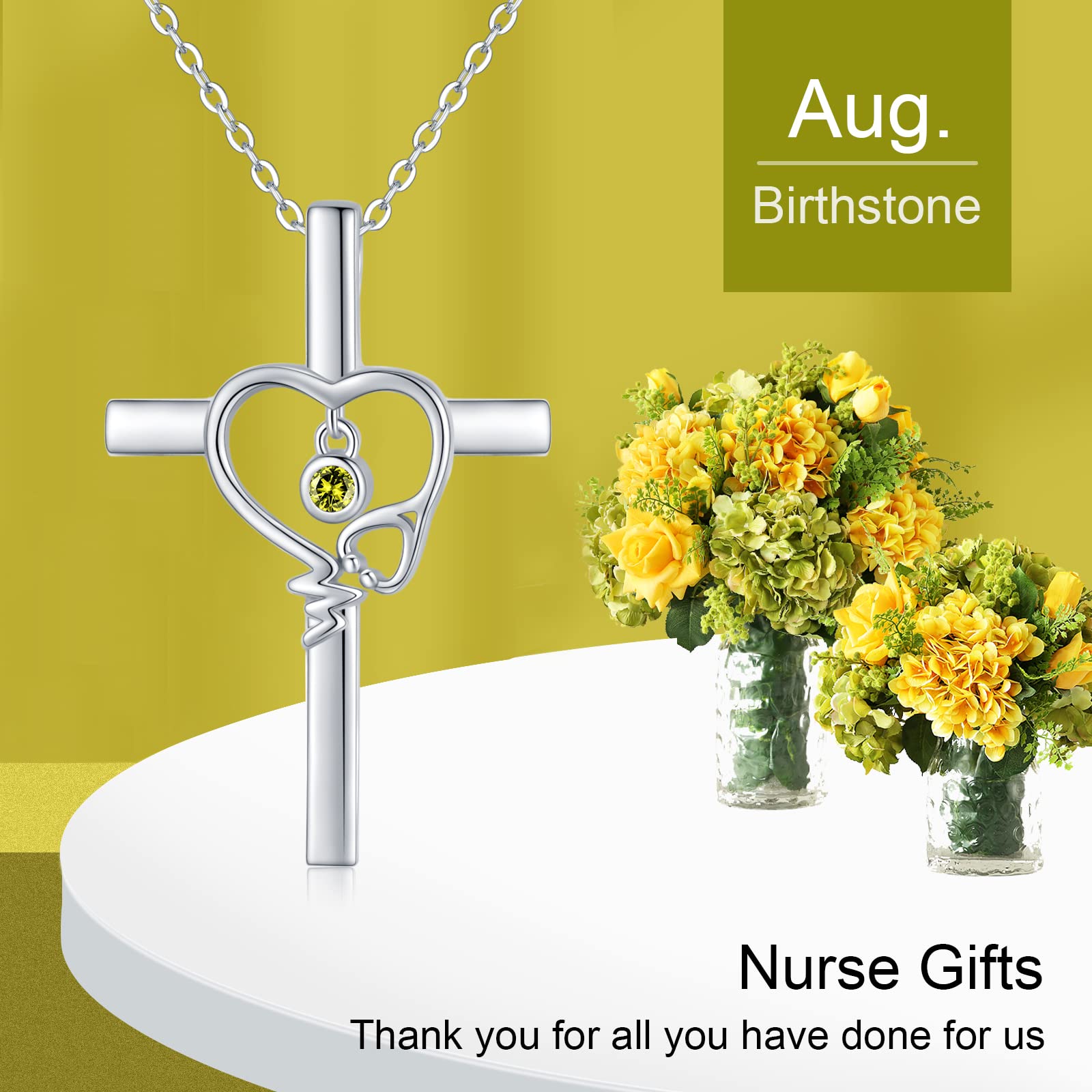 Sterling Silver Nurse Necklace with Birthstone & Cross Pendant - Stethoscope Heartbeat Jewelry for Medical Professionals | Perfect Graduation Gift for Doctors, Nurses & Medical Students | Ideal for Clinical Work, Special Occasions & Daily Wear