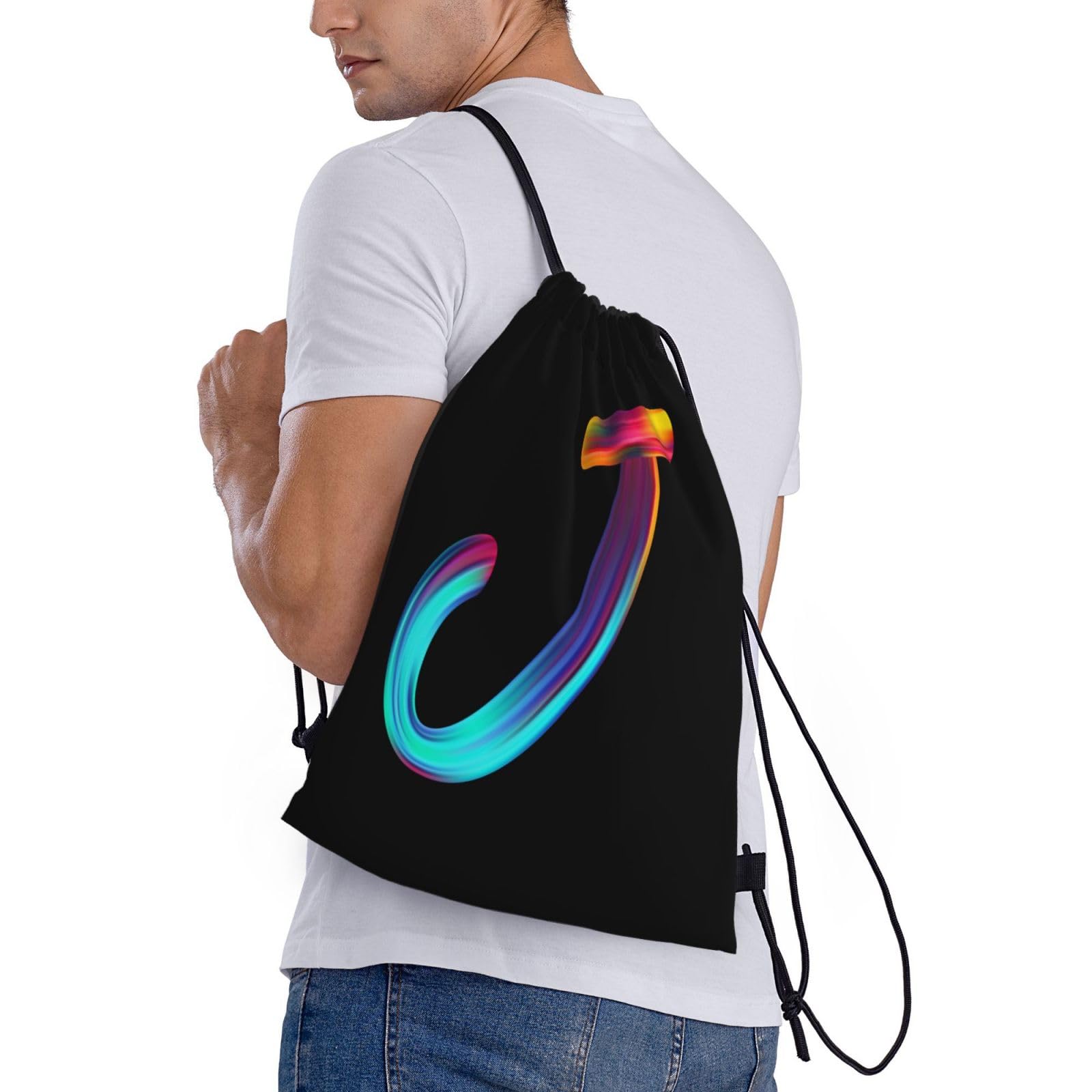Personalized Initial Drawstring Backpack - Lightweight Black Cinch Sack for Gym, Sports, Travel & Outdoor Activities | Perfect for Swimming, Beach, Camping & School | Custom Rainbow Letter Design
