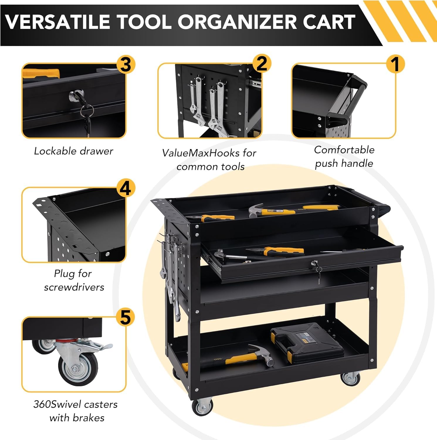 Heavy Duty 3-Tier Rolling Tool Chest with Wheels - 330 LBS Capacity Industrial Utility Cart with Locking Drawers for Garage, Workshop & Warehouse | Perfect for Mechanics, Contractors & DIY Home Repairs