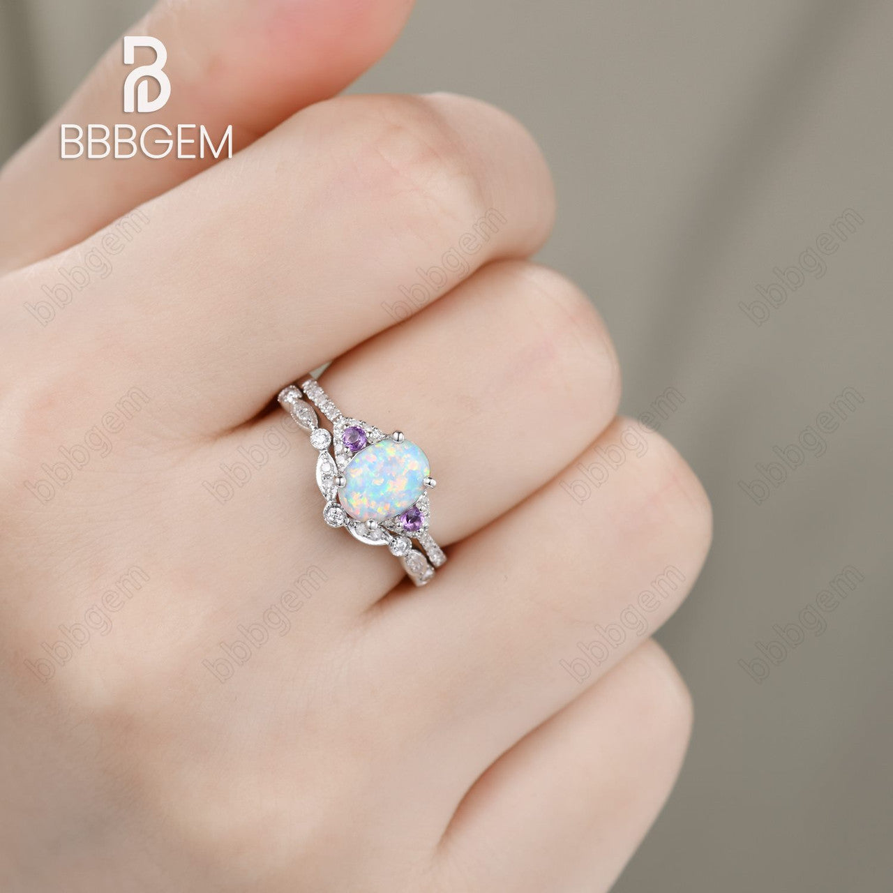 Vintage Art Deco Oval Opal Diamond Engagement Ring for Women - 14K Rose Gold Wedding Band with Amethyst Accent - Perfect for Proposals, Anniversaries & Special Occasions