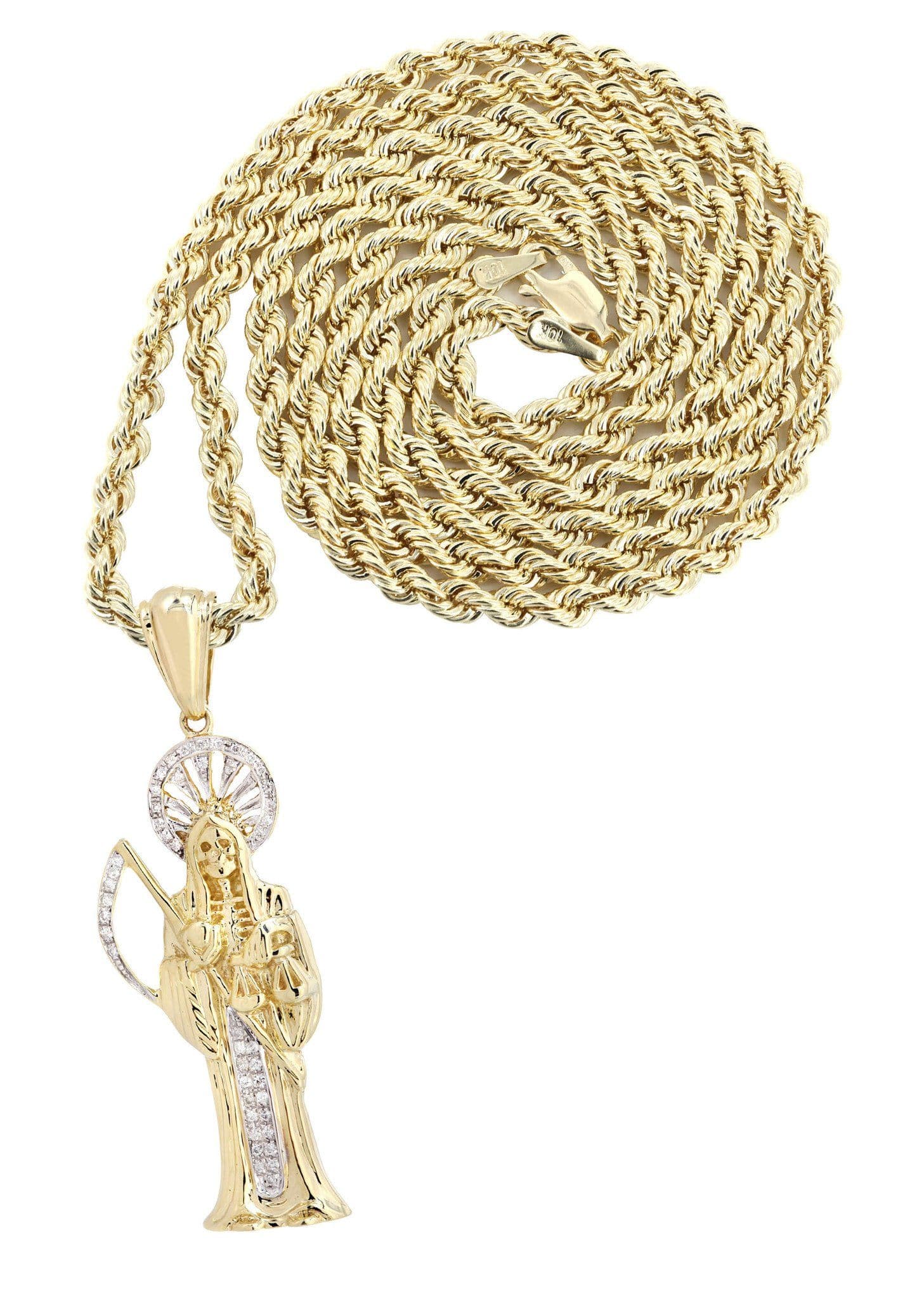 10K Yellow Gold Saint Death Diamond Necklace | 0.17 Carats Diamond Pendant | Perfect for Daywear, Evening Events & Gift Giving