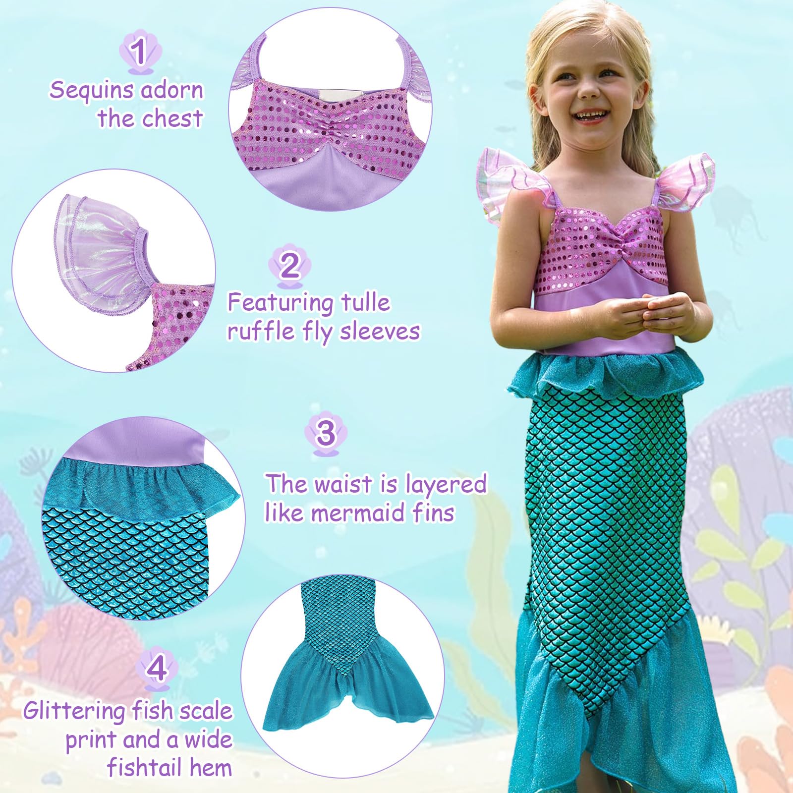 Ariel Princess Dress for Girls - Little Mermaid Costume for Halloween, Christmas & Birthday Parties - Sparkly Disney-Inspired Dress Up Outfit for Kids (Perfect for Dress-Up Play, Themed Parties & Photo Shoots)