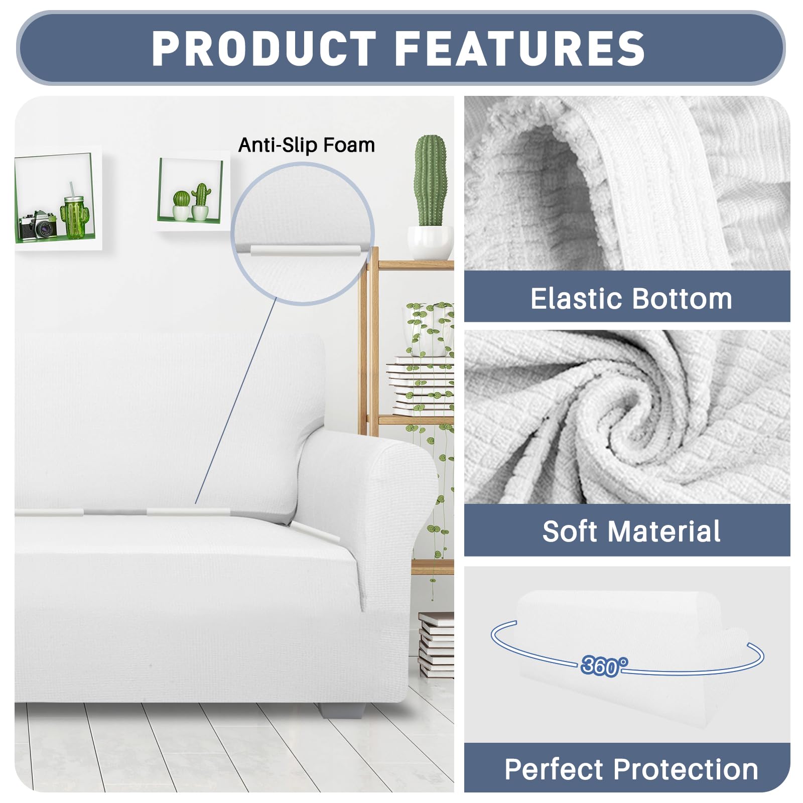 JIVINER High Stretch 3-Cushion Sofa Cover - 1-Piece Extra Large Elastic Slipcover with Anti-Slip Bottom | Furniture Protector for Pets | Perfect for Living Room, Family Room & Pet-Friendly Homes (White, XL)
