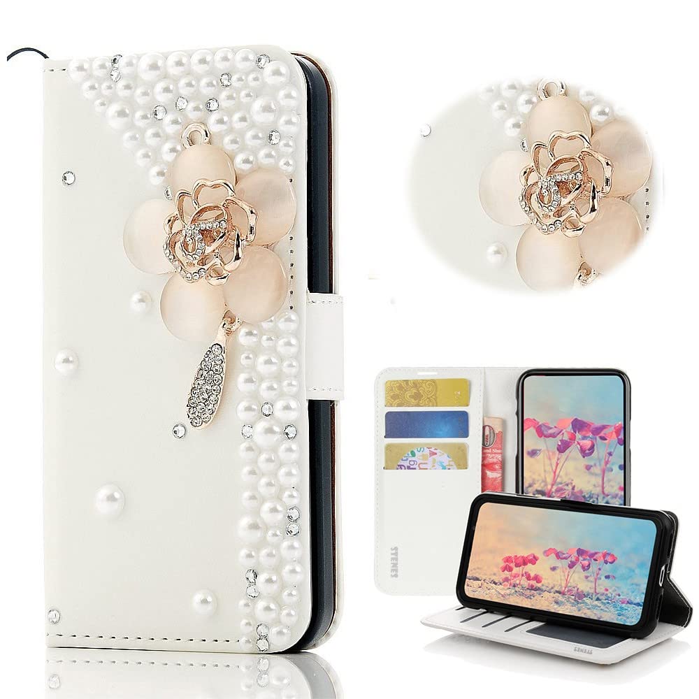 STENES Bling Wallet Phone Case for OnePlus 8 - 3D Handmade Floral Leather Cover with Card Slots, Screen Protector & Neck Strap - Stylish Pink Rhinestone Design - Perfect for Women, Parties, Travel & Everyday Use