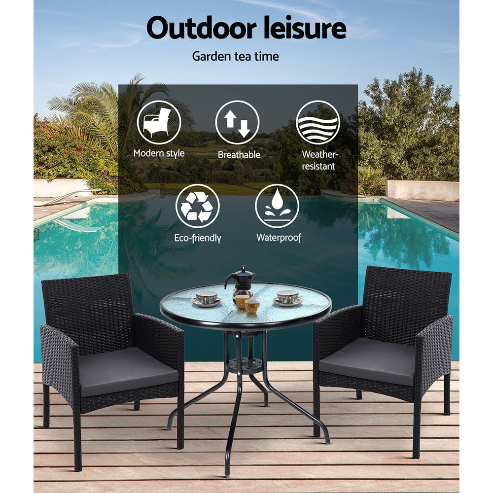 3-Piece Bistro Set Outdoor Patio Furniture - Rattan Table with 2 Chairs & Cushions for Garden, Balcony, Backyard Dining & Relaxation
