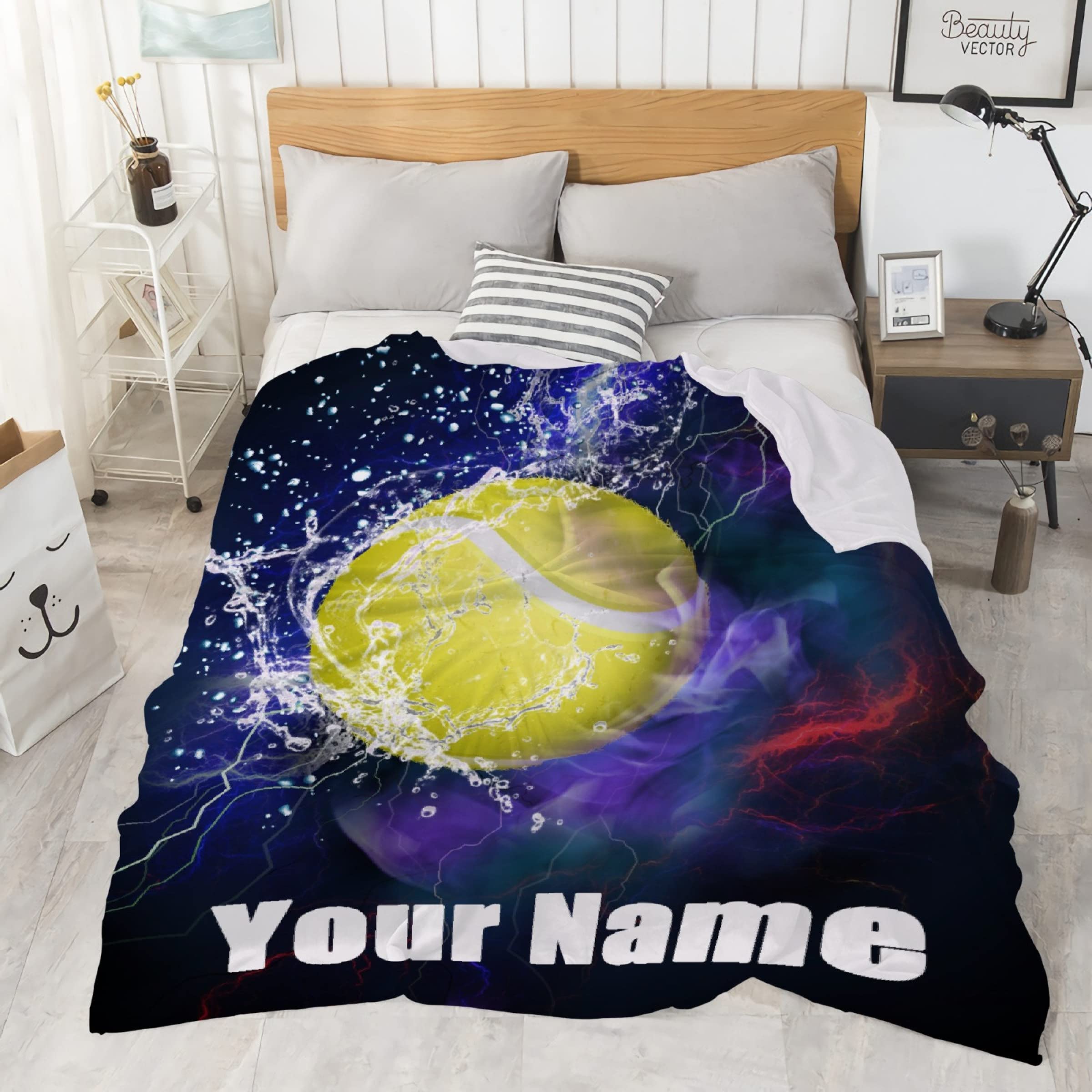 Personalized Tennis Throw Blanket with Custom Name - Soft Fuzzy Fleece Flannel Blanket Gift for Men, Boyfriend, Boys - Perfect for Birthday, Anniversary, Sports Fans & Cozy Home Decor