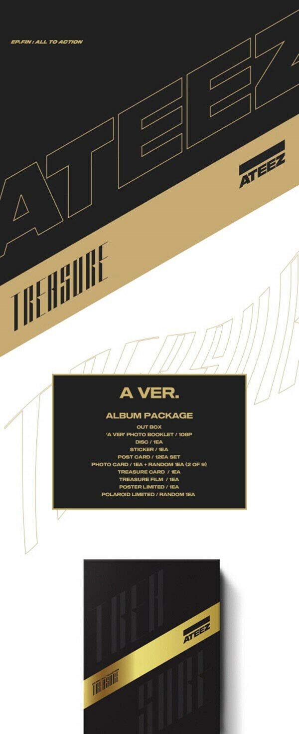 ATEEZ TREASURE EP.FIN: ALL TO ACTION Album 2 Version SET [A+Z] - 2CDs, 2 Folded Posters, 2 Photo Books, 2 Sticker Sets, 2 Card Sets (12 Cards Each), 4 Extra Cards, 2 Treasure Cards, 2 Film Cards + Special Gift & Tracking Code - Perfect for K-Pop Fans, Collectors, and Gift Giving