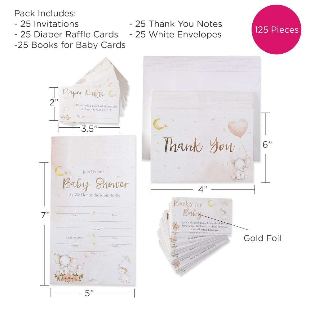 Adorable Pink Elephant Baby Shower Invitations & Thank You Cards Set - 25-Piece Bundle for Gender Reveal Party & Newborn Celebration