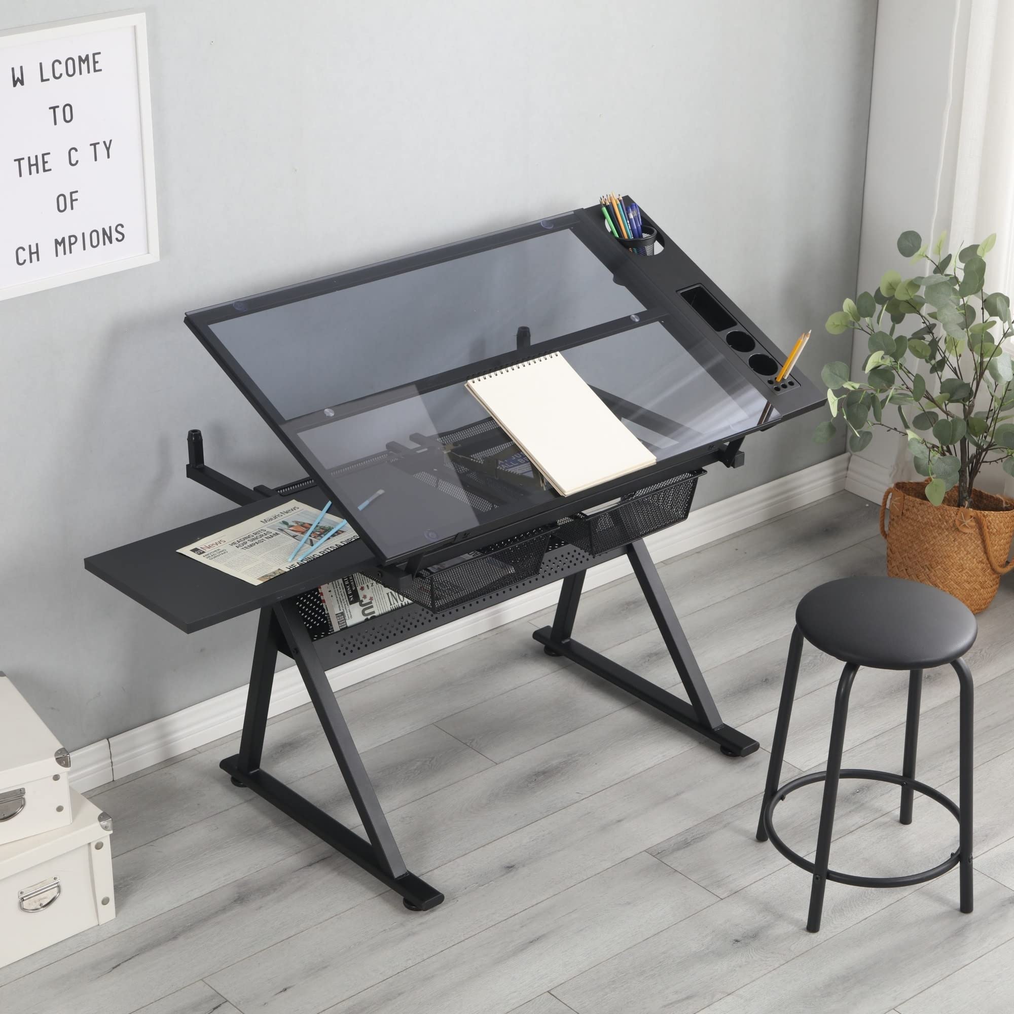 Overstock Tiramisu Adjustable Tempered Glass Drafting Table - Perfect for Artists, Architects & Designers | Home Office & Studio Workspace Solution